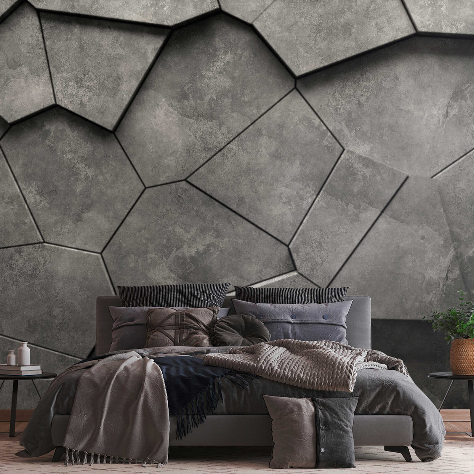             Powerful 3D photo wallpaper with concrete polygon pattern as non-woven wallpaper - black, anthracite, grey
        