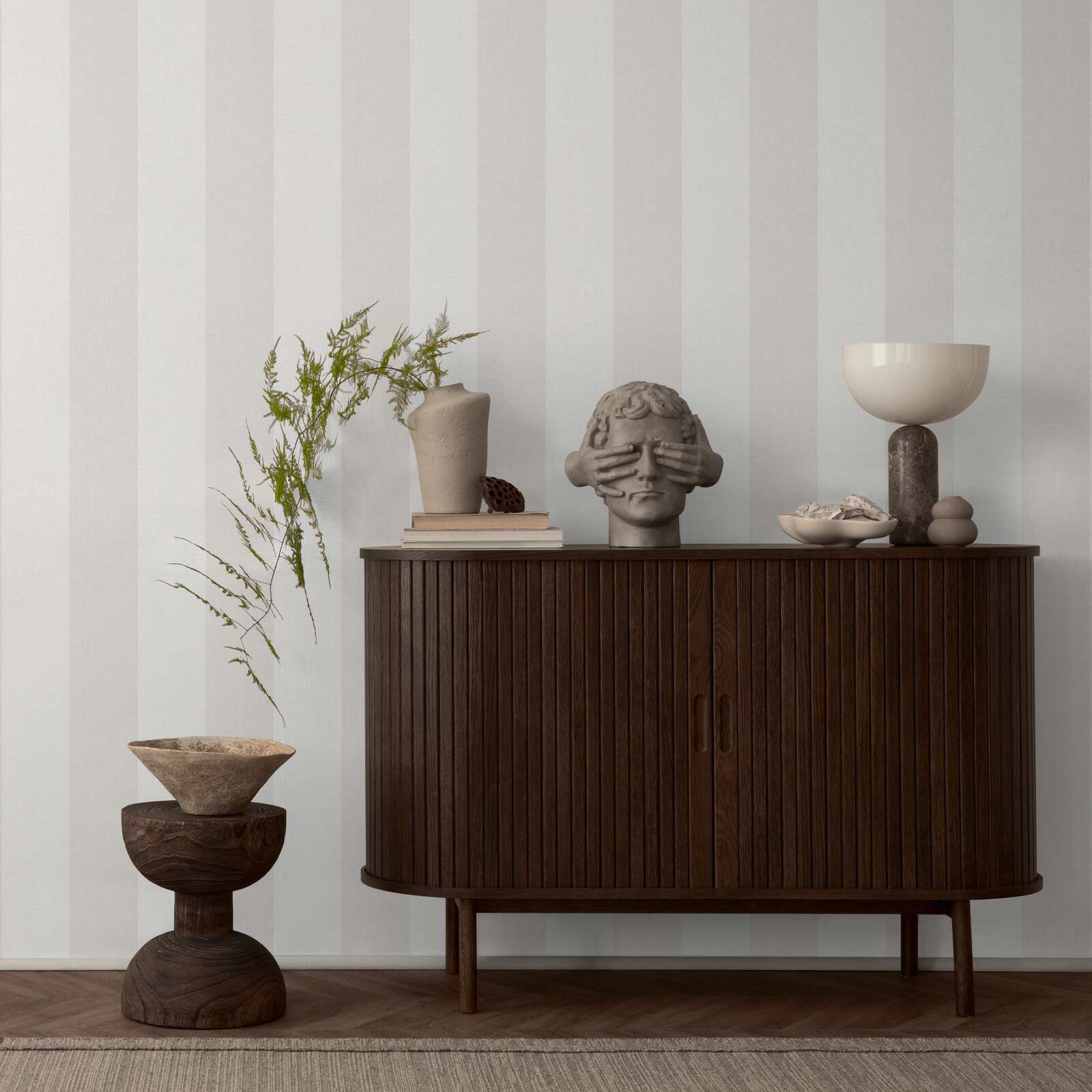             Textured non-woven wallpaper with wide stripes - cream, beige
        