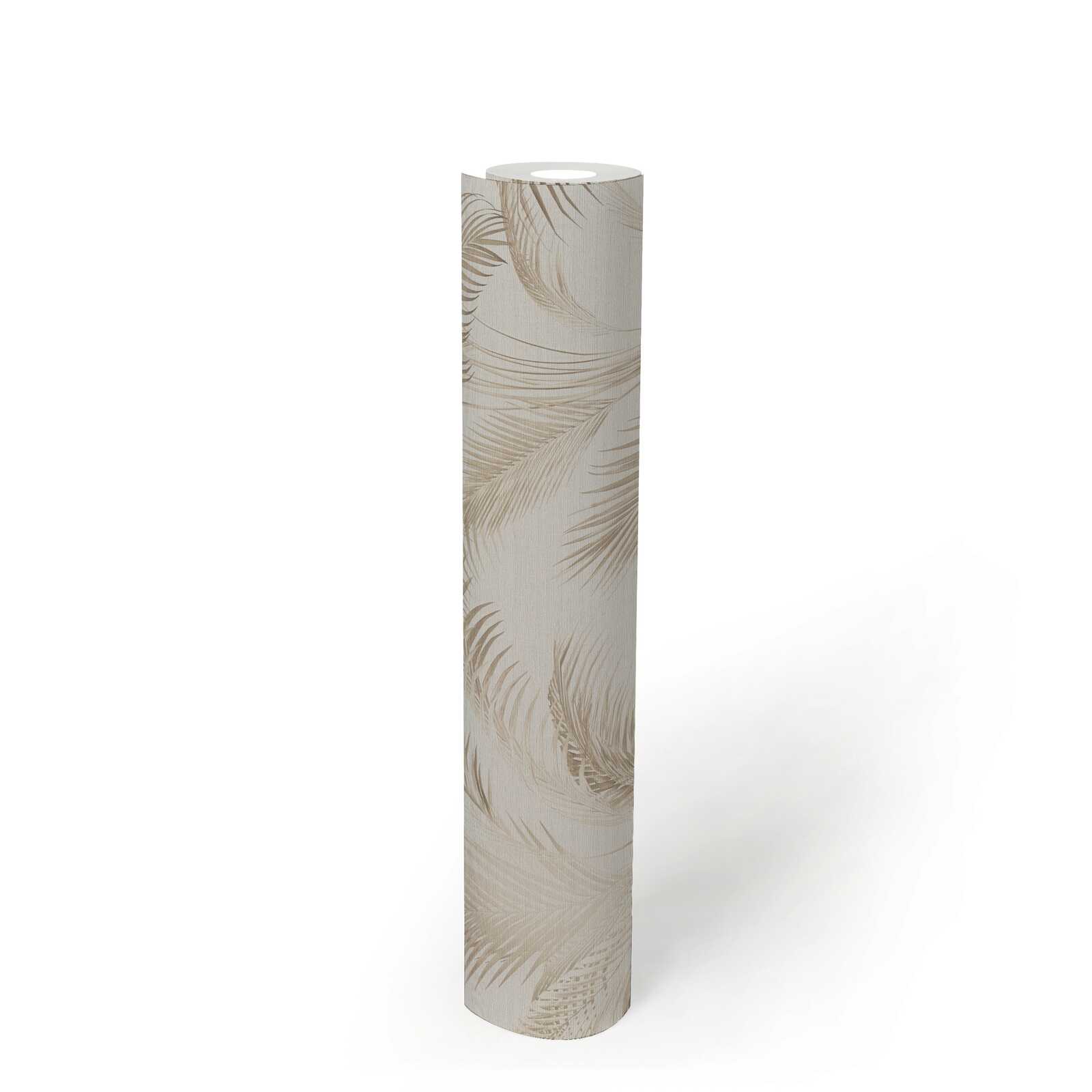             Non-woven wallpaper with palm leaves in soft colours - cream, beige, brown
        