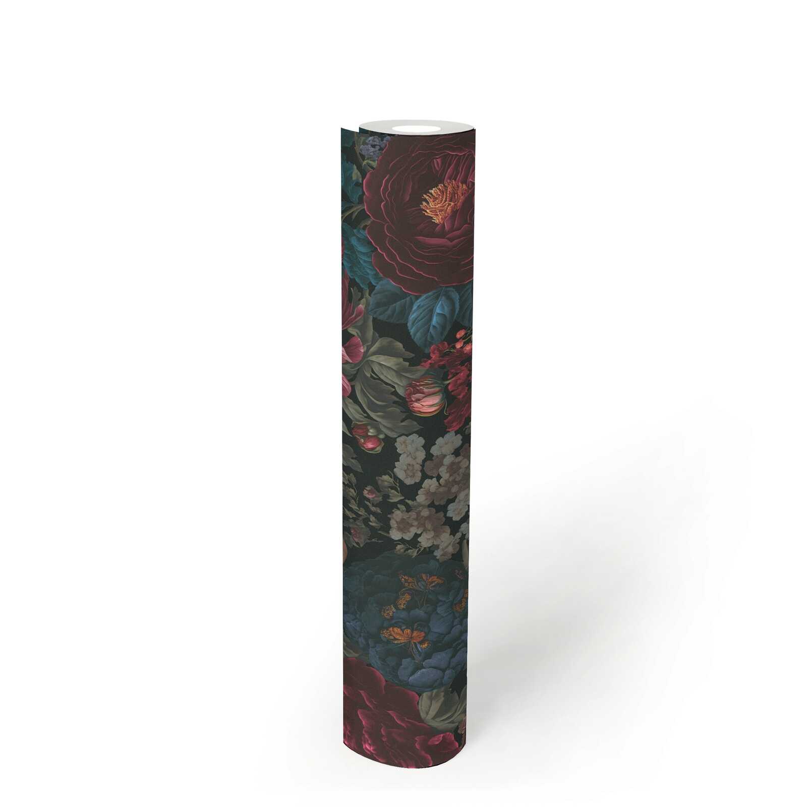             papier peint en papier intissé opulent avec somptueux motif floral - rouge, bleu, noir
        