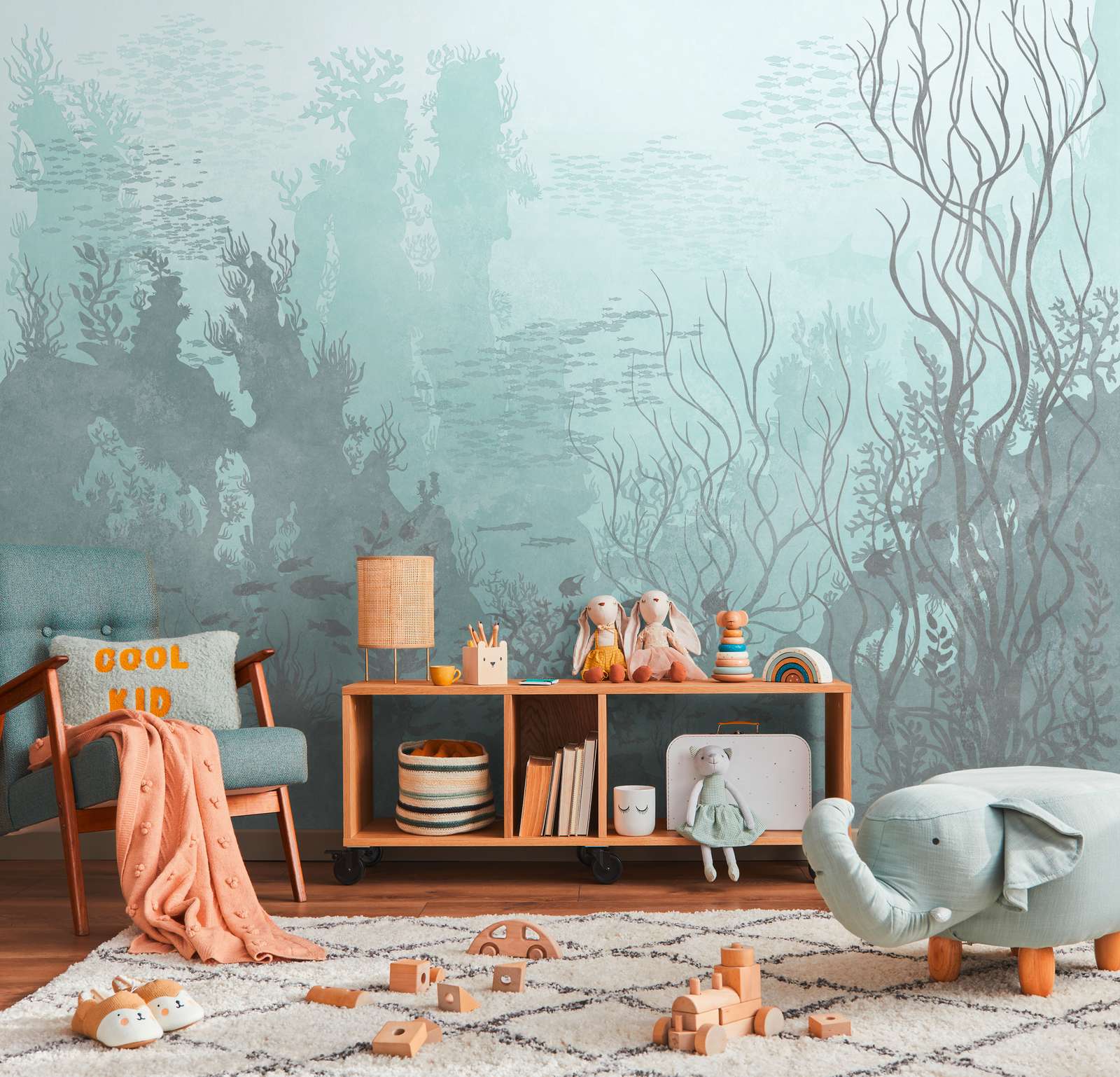             Mystical underwater photo wallpaper with sea animals and plants as non-woven wallpaper - blue, grey
        