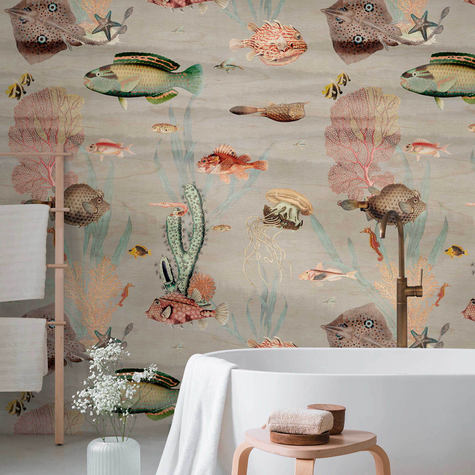 Aquarium papier peint intissé avec plantes, poissons et une répétition de motifs à grande échelle - multicolore, gris, rose
