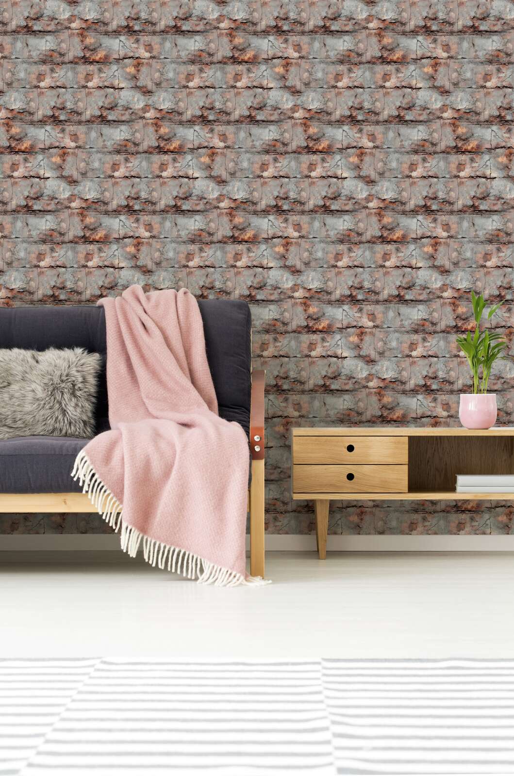             Industrial 3D brick look non-woven wallpaper in urban style - orange, grey
        