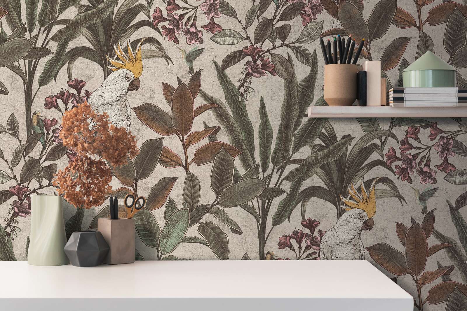             Non-woven wallpaper jungle with parrot in vintage design - green, cream, pink
        