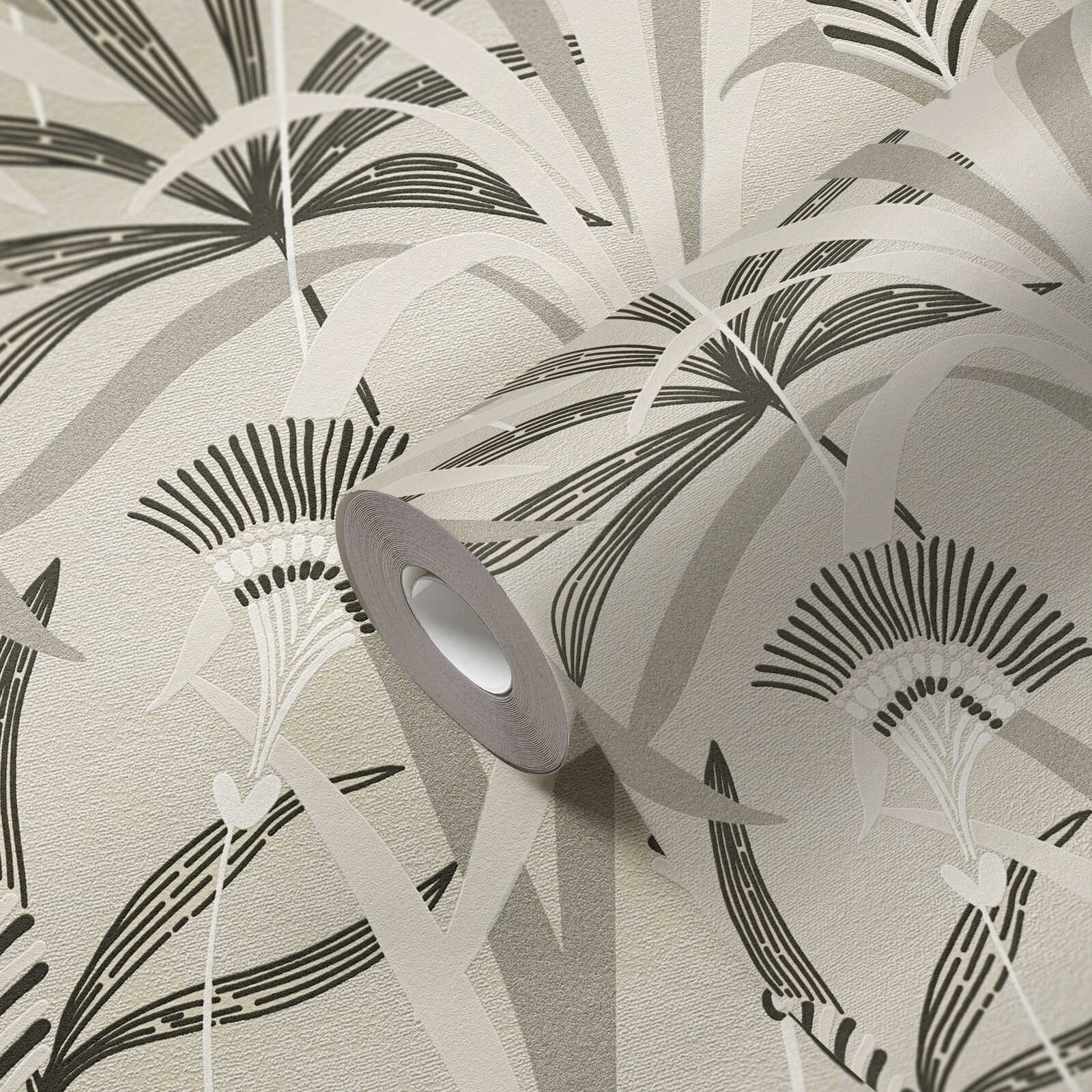             Non-woven wallpaper floral motif in retro design - black, white, grey
        