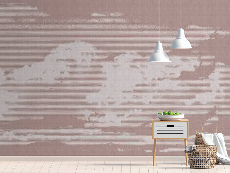             Clouds 3 - Papel pintado celestial con motivo de nubes - Estructura de lino natural - Vellón liso gris, rosa | perla
        