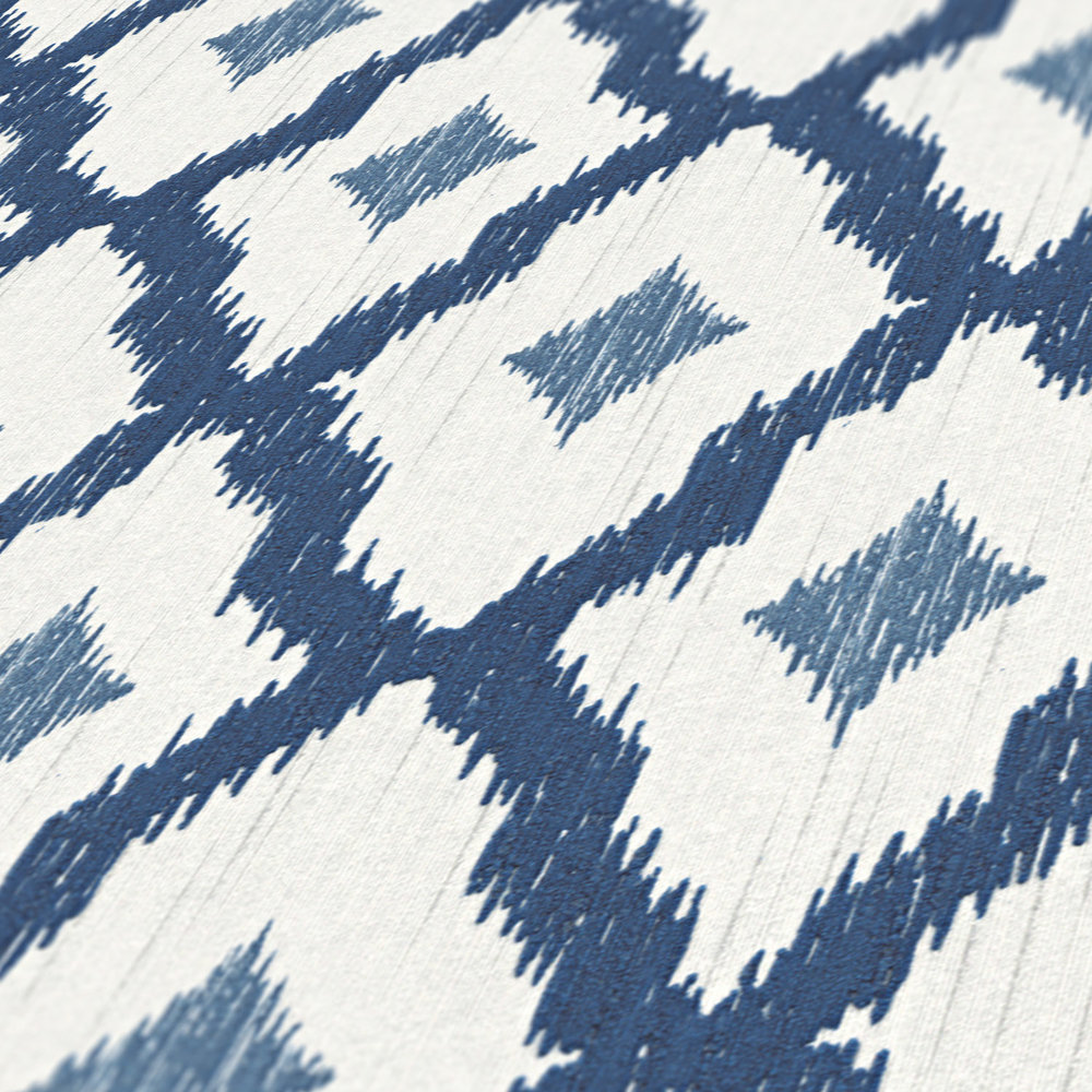             Papier peint intissé ikat motif losange - bleu, blanc
        