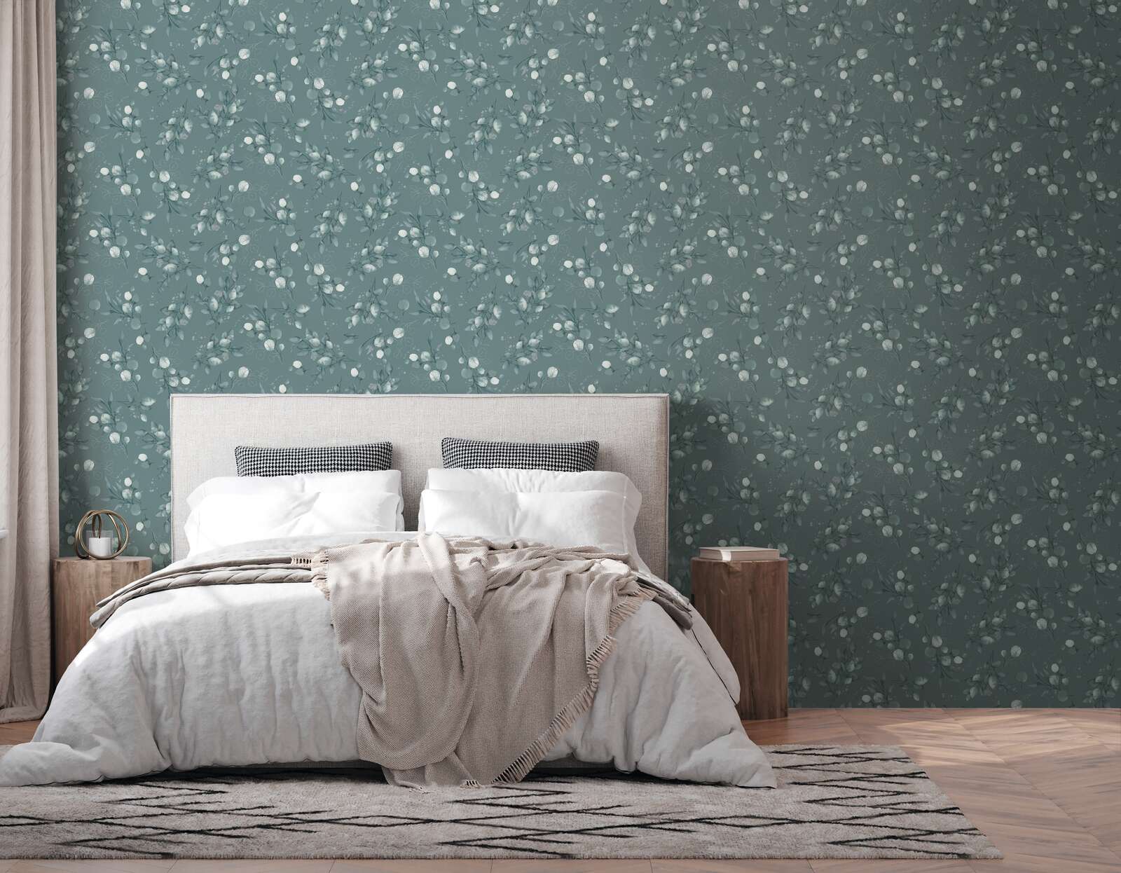             Non-woven wallpaper with floral design and glitter accents - green, silver
        