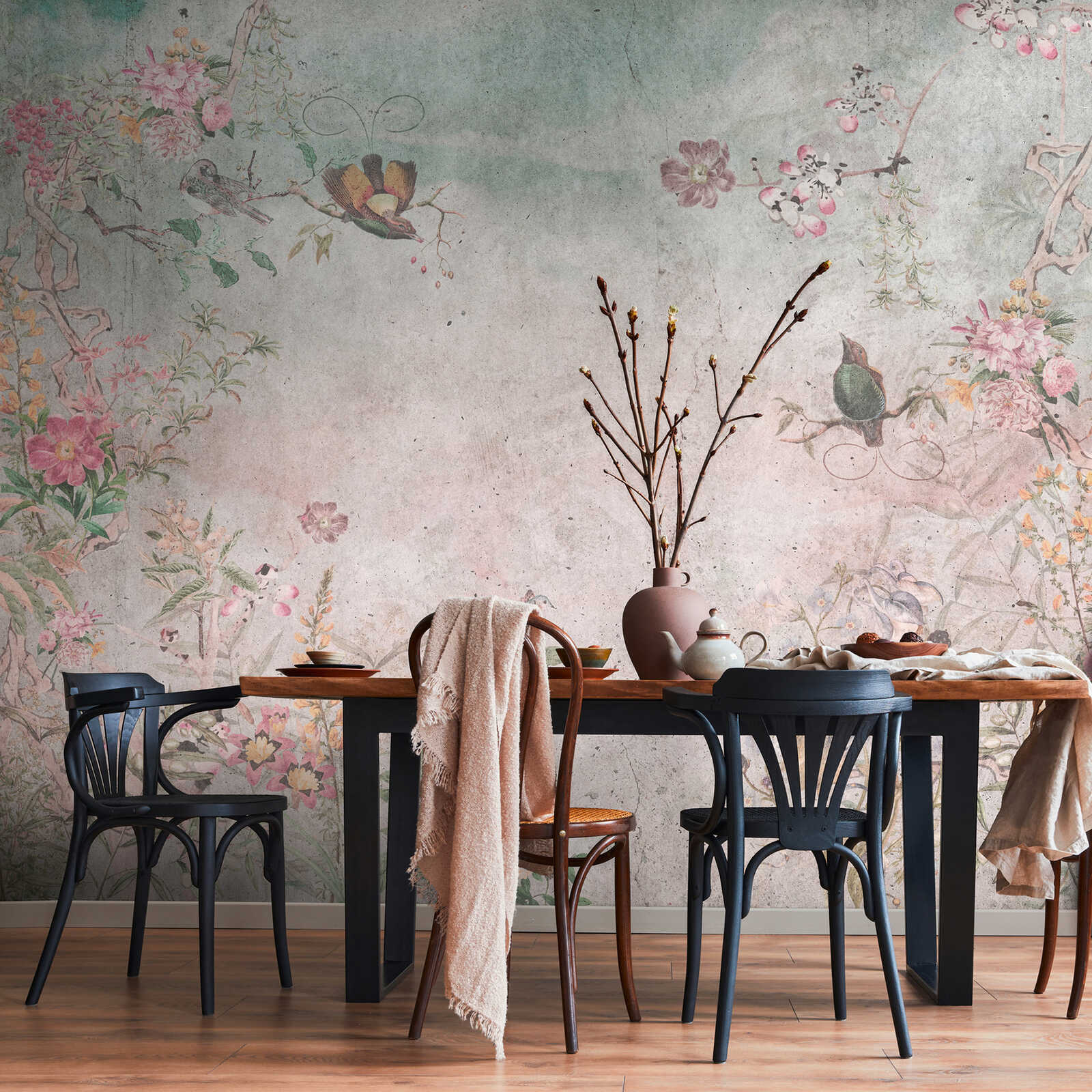             Romantic flower garden photomural with delicate blossoms, birds and butterflies as non-woven wallpaper - colourful, grey, blue
        