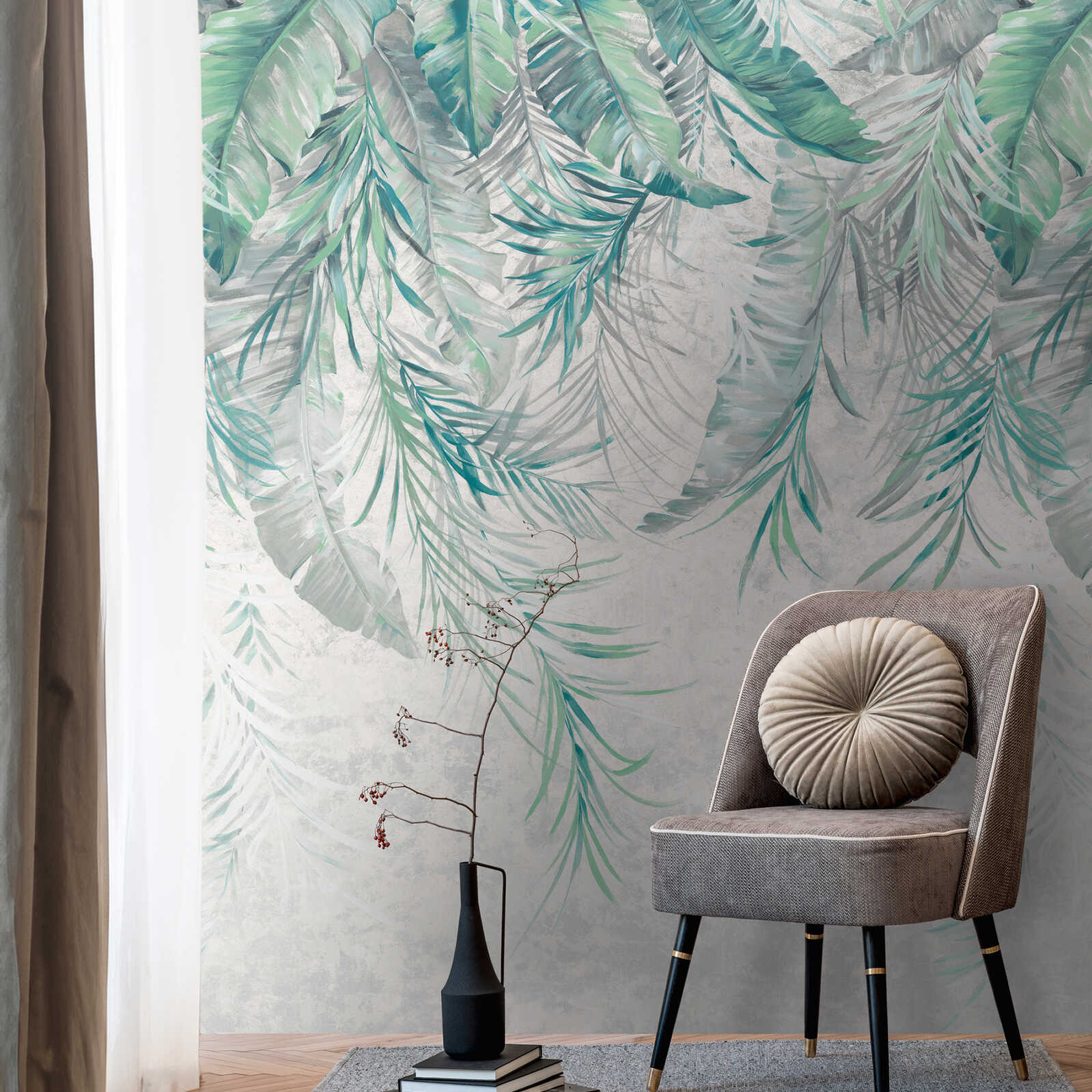             Elegant jungle non-woven wallpaper with palm leaves and large-scale pattern repetition - grey, green, blue
        