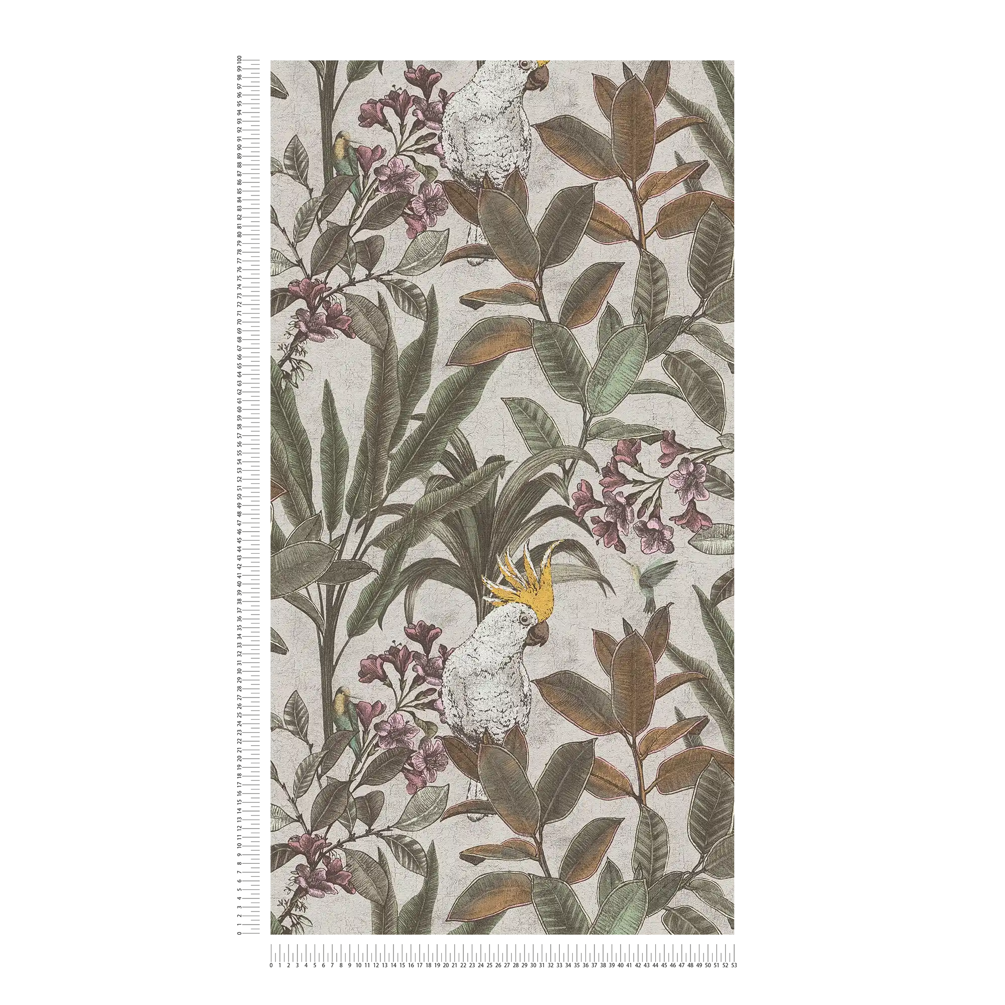             Non-woven wallpaper jungle with parrot in vintage design - green, cream, pink
        