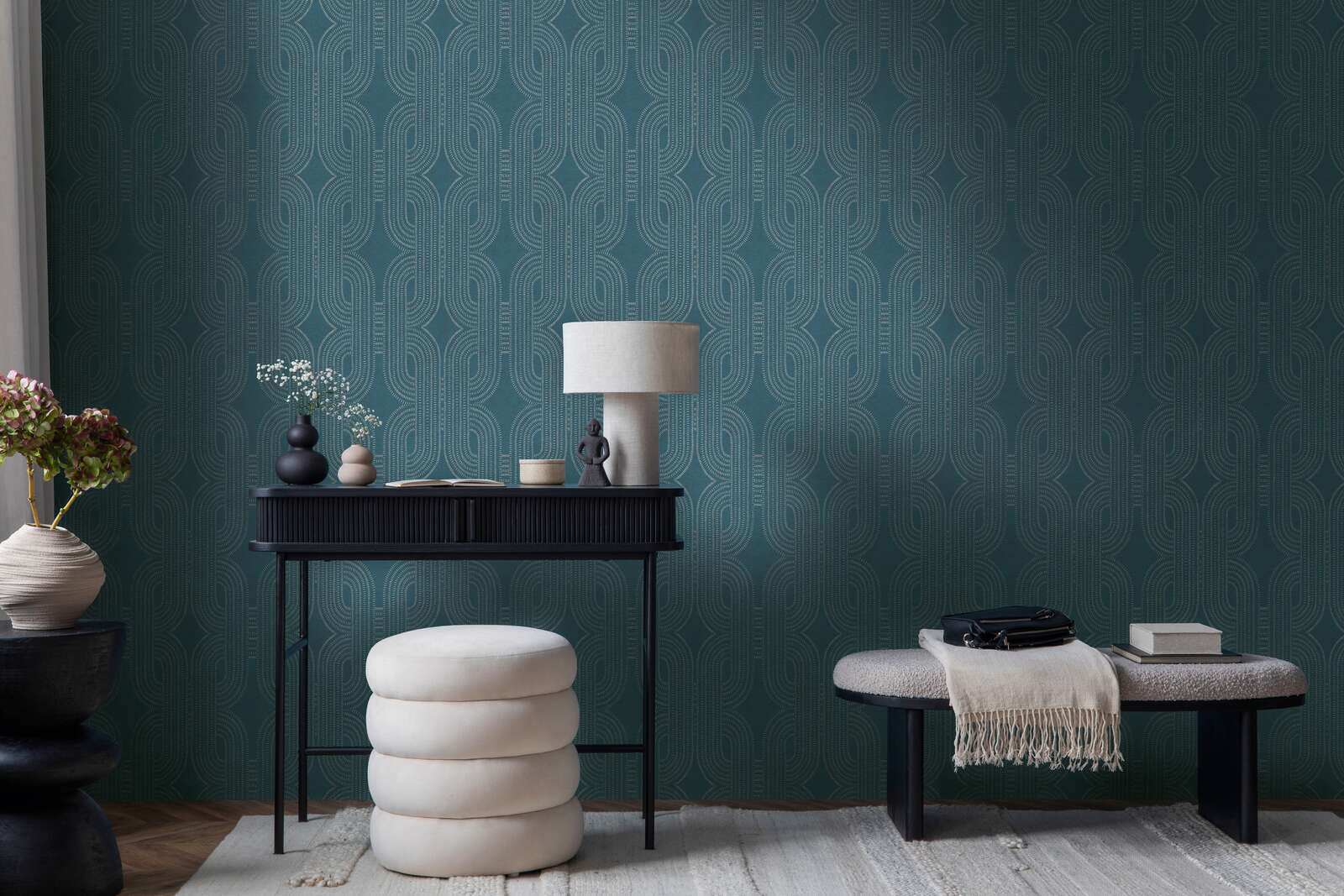             Non-woven wallpaper with abstract graphic retro pattern - blue, green, beige
        