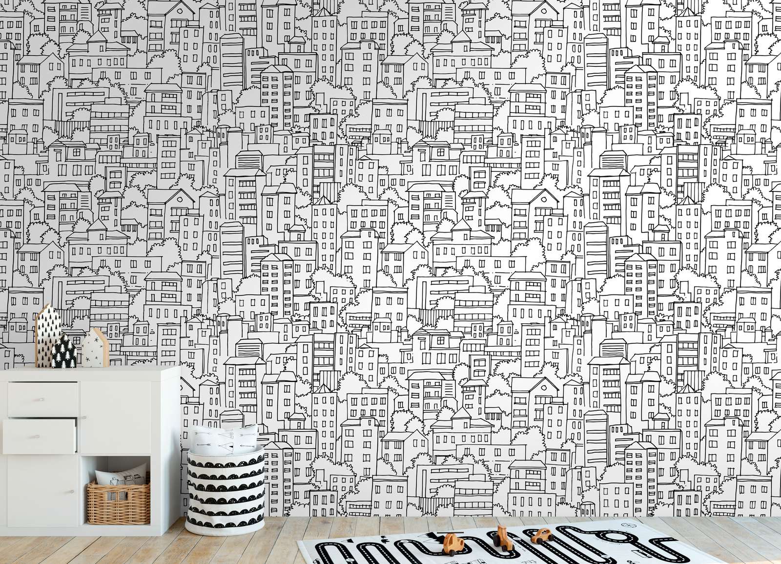             Non-woven wallpaper for children's rooms with a skyline of houses and a large-scale pattern repetition - black, white
        