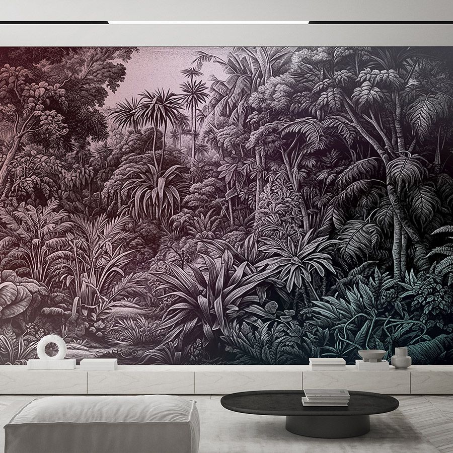 Fotomurali »livia« - Design della giungla con sfumature di colore - dal viola al verde scuro | Materiali non tessuto a trama leggera
