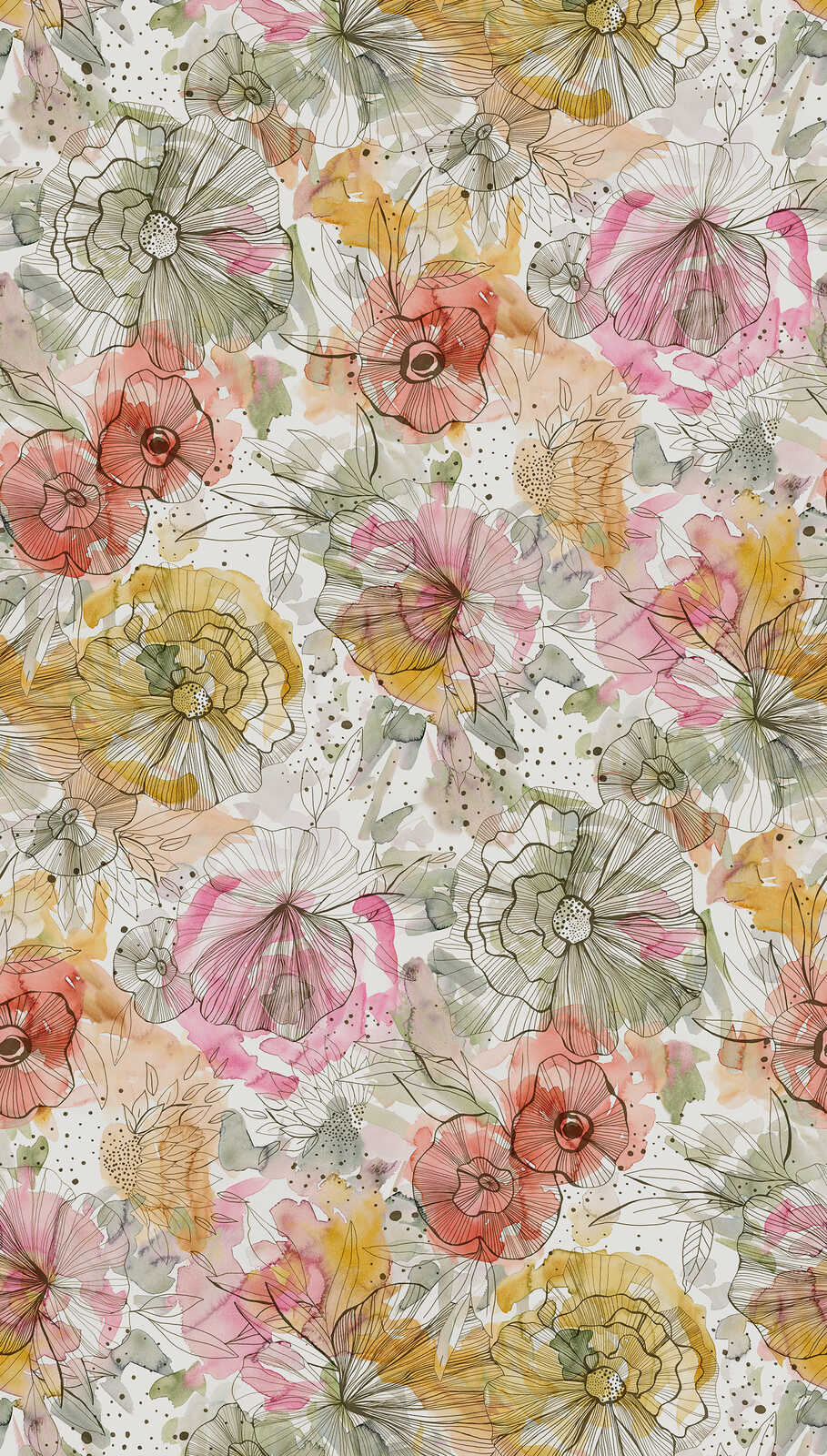             Motiefbehang in XXL-dessin met bloemen en bloesems in aquarelstijl - beige, oranje, roze
        