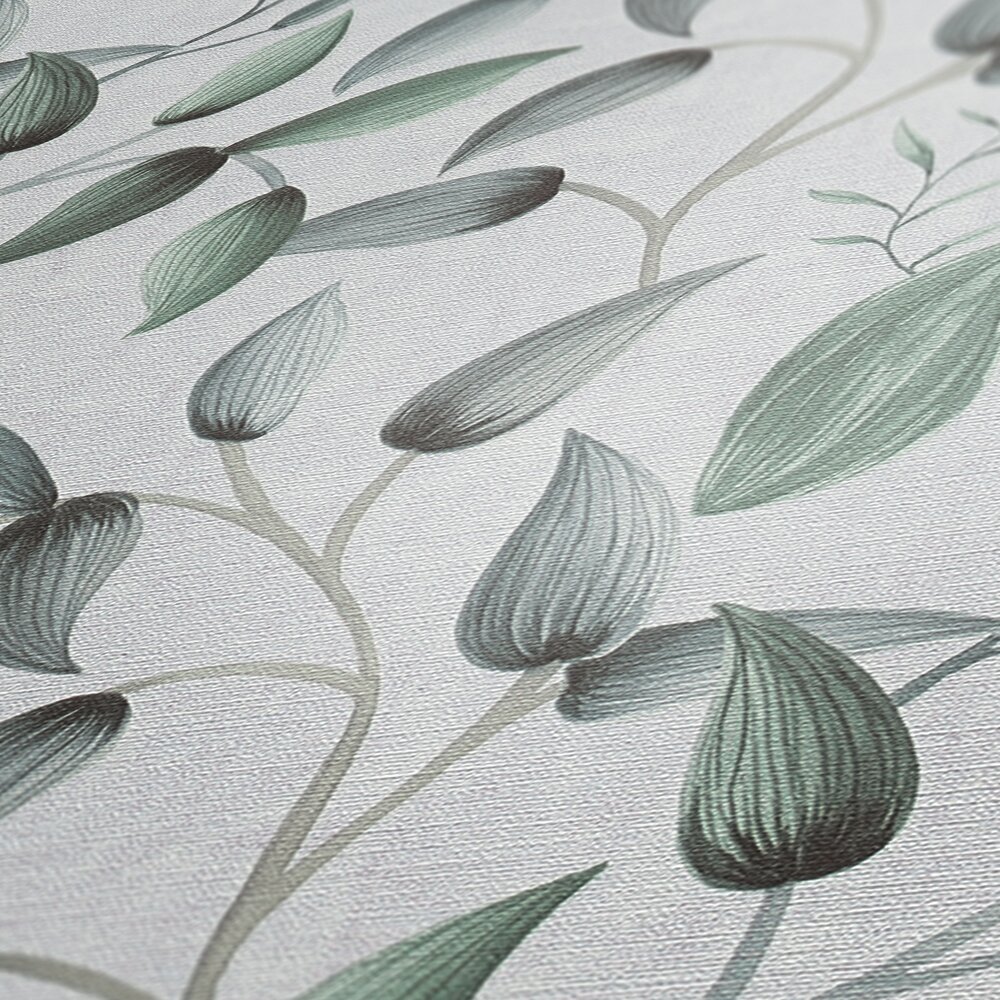             Non-woven wallpaper with soft spring tendrils - green, white, grey
        