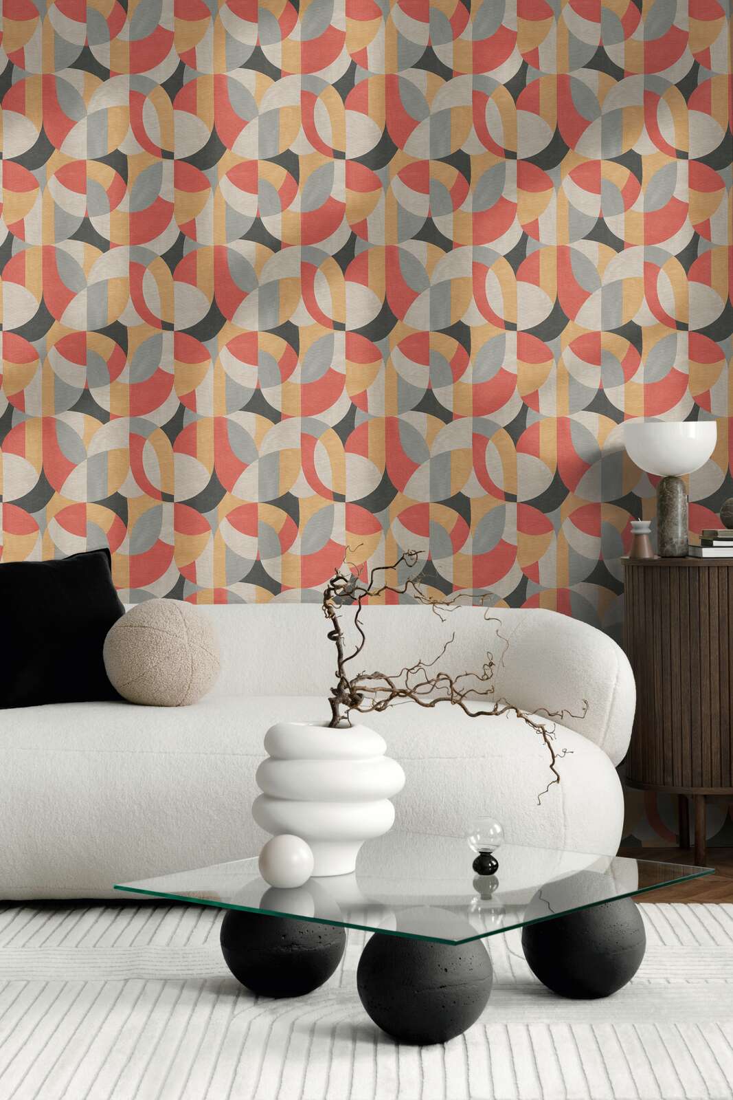             3D non-woven wallpaper in geometric Bauhaus style - grey, beige, red
        