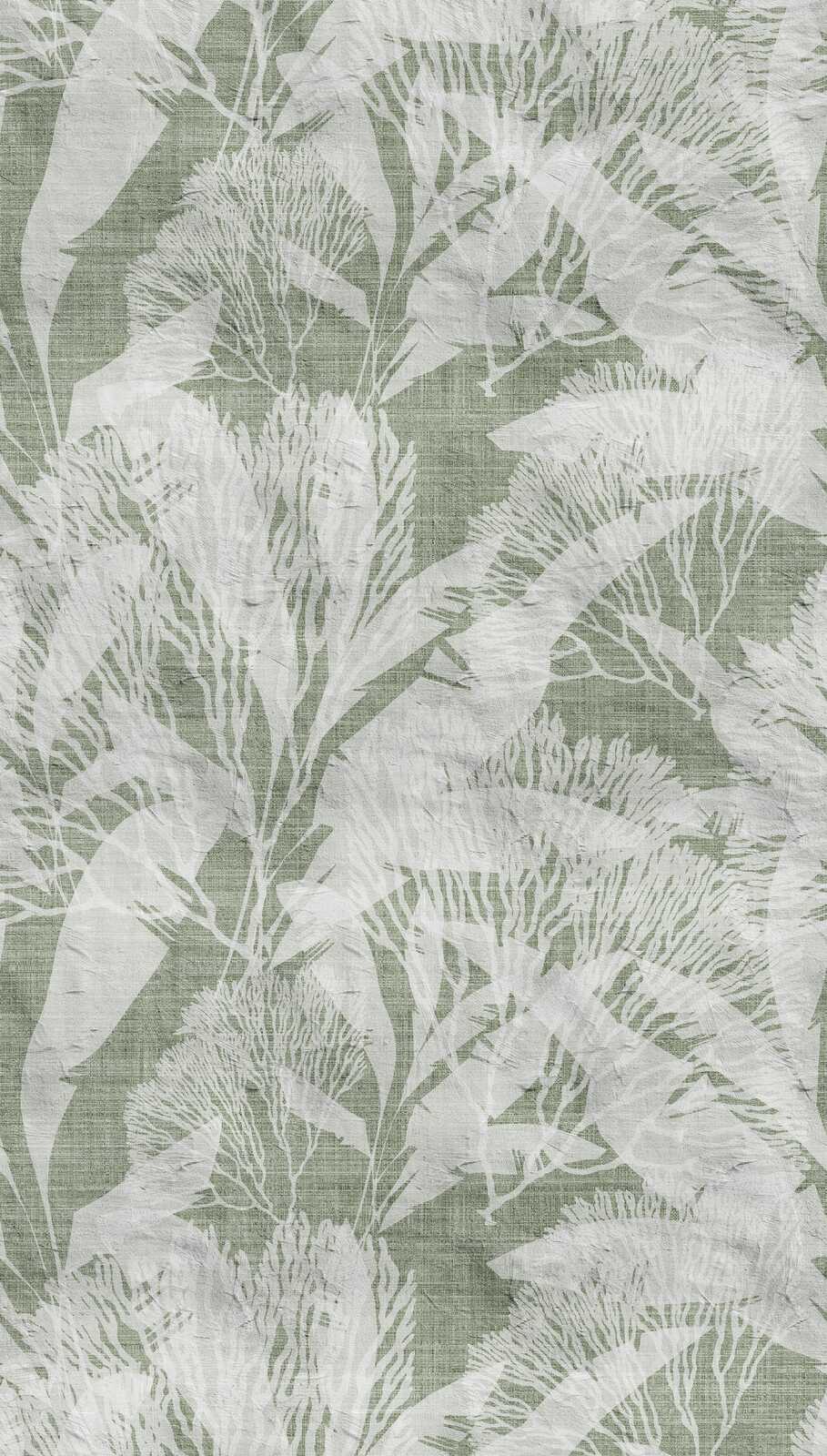             Non-woven wallpaper with palm leaves in an elegant linen look and large-scale pattern repetition - green, white
        