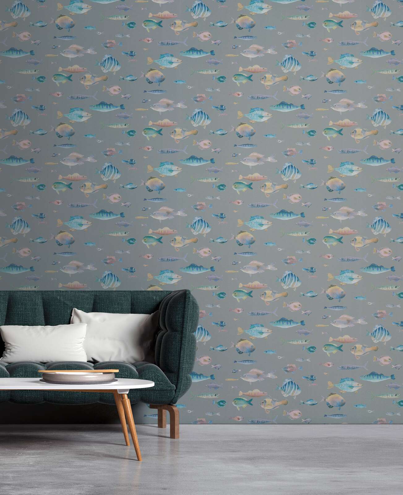             Maritime non-woven wallpaper with fish motifs - grey, colourful, blue
        