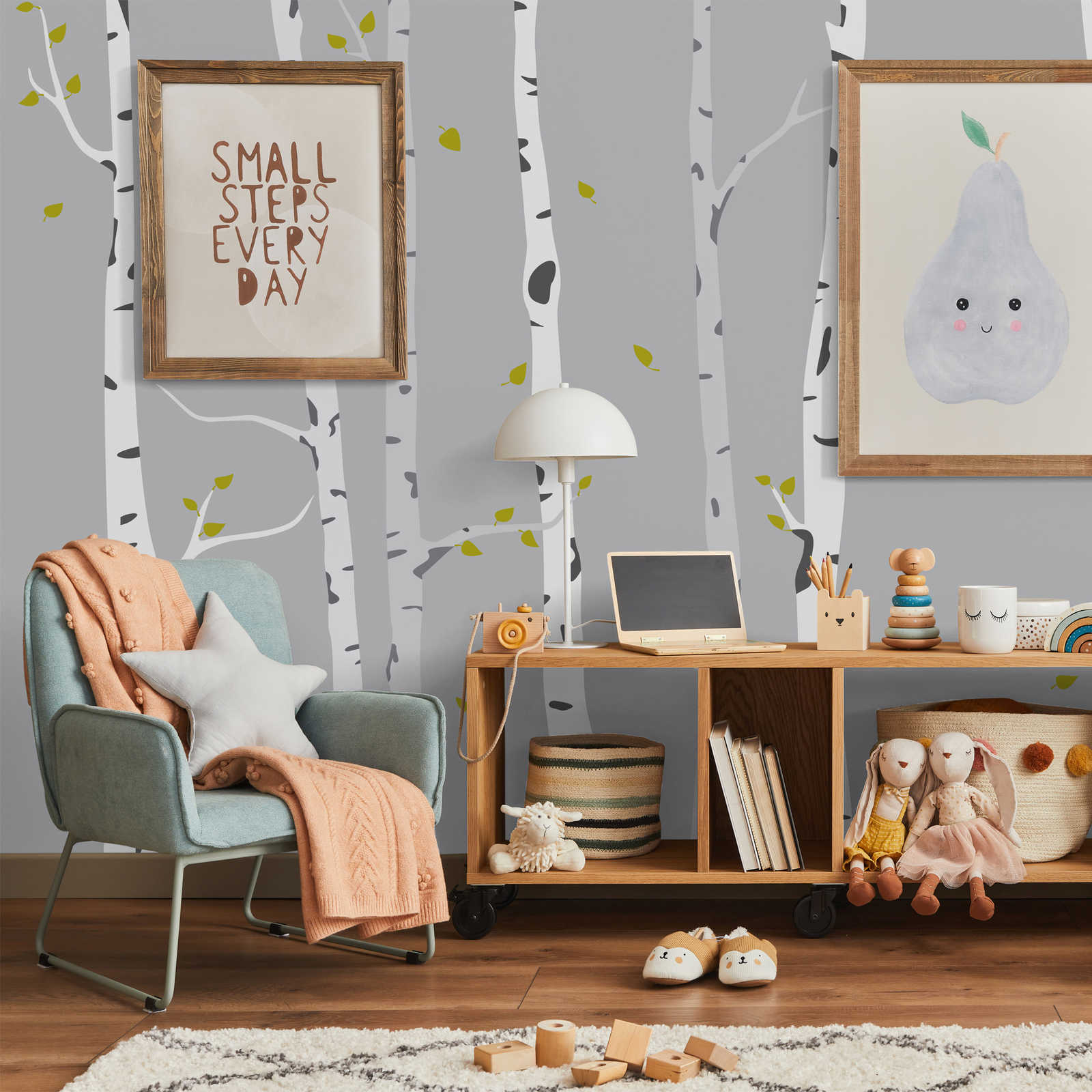         Photo wallpaper with painted birch forest for children's room - Smooth & slightly shiny non-woven
    