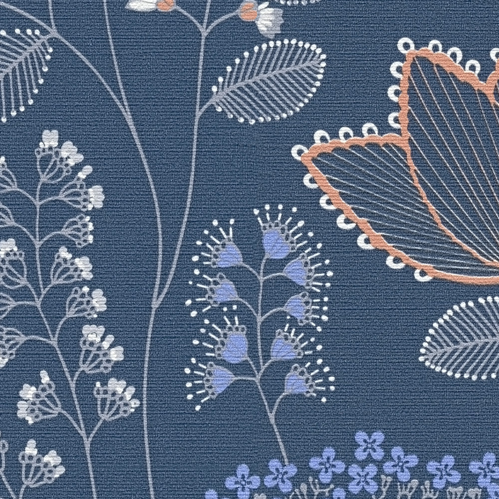             papier peint en papier intissé floral avec feuilles dans le style rétro légèrement structuré, mat - bleu, blanc, gris
        