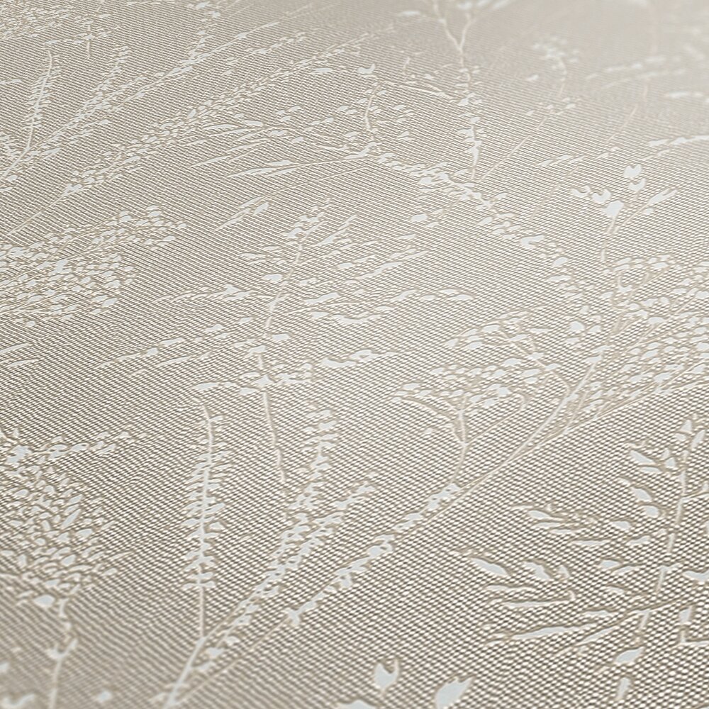             Glittering non-woven wallpaper with filigree tendrils and leaves - brown, beige, white
        