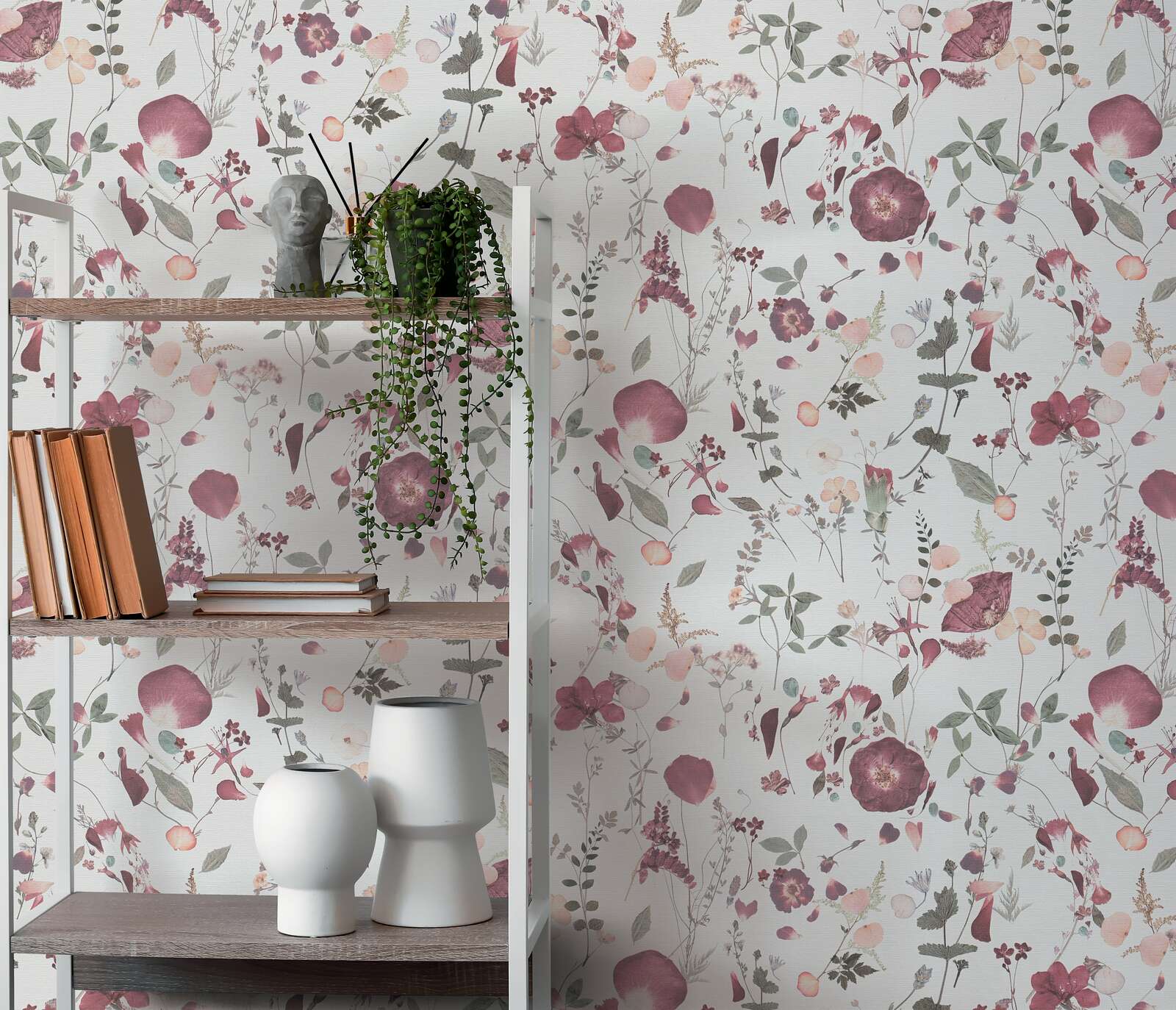             Papel pintado no tejido con motivo de ramo de flores en estilo rústico - blanco, violeta, rosa
        