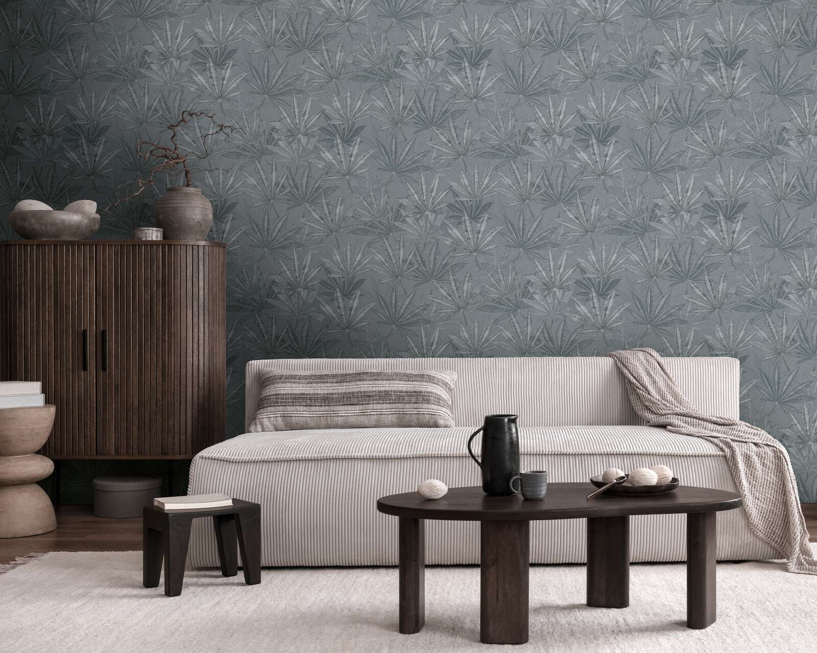             Non-woven wallpaper with large leaf pattern in jungle look - grey
        