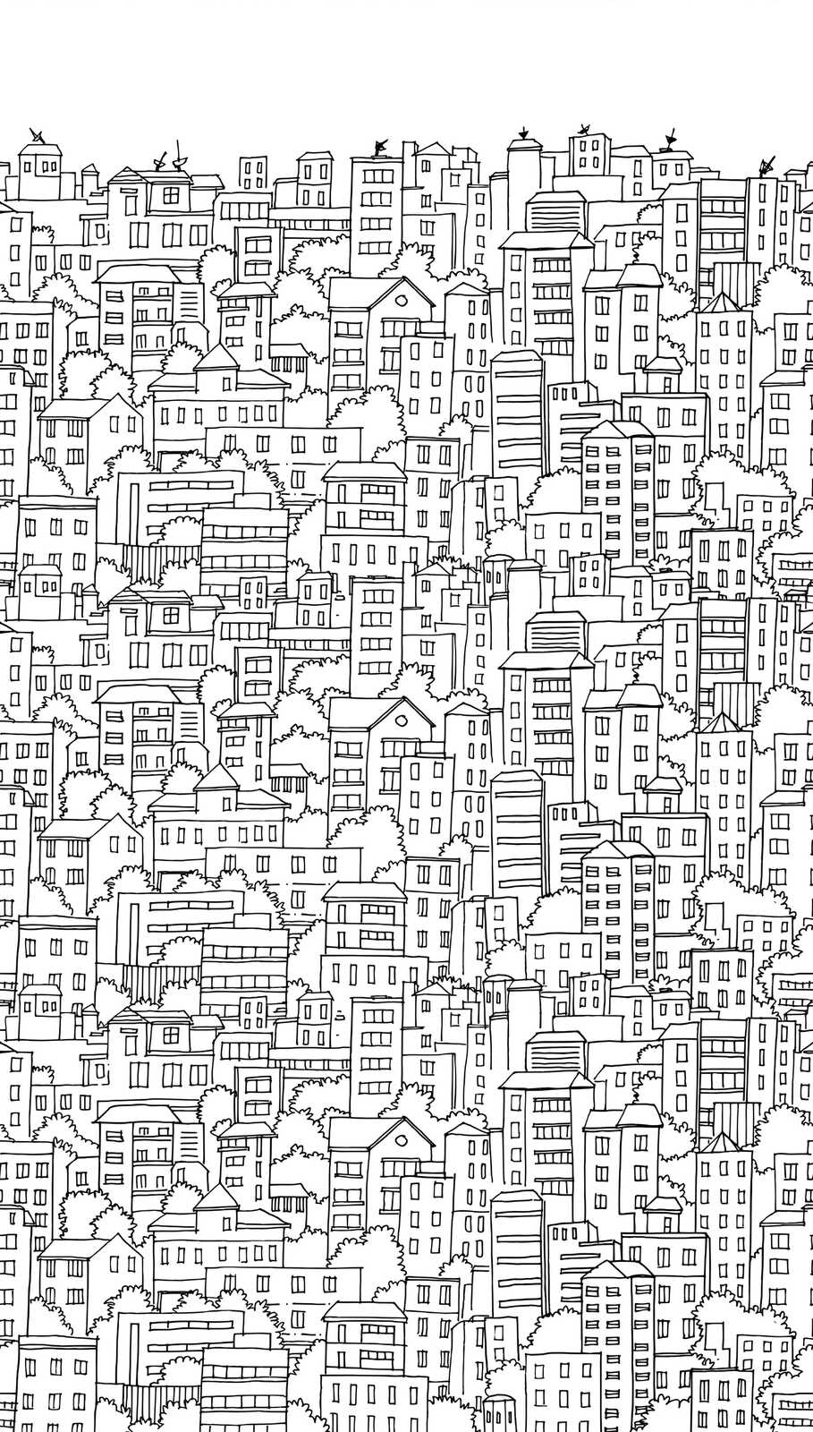             Non-woven wallpaper for children's rooms with a skyline of houses and a large-scale pattern repetition - black, white
        