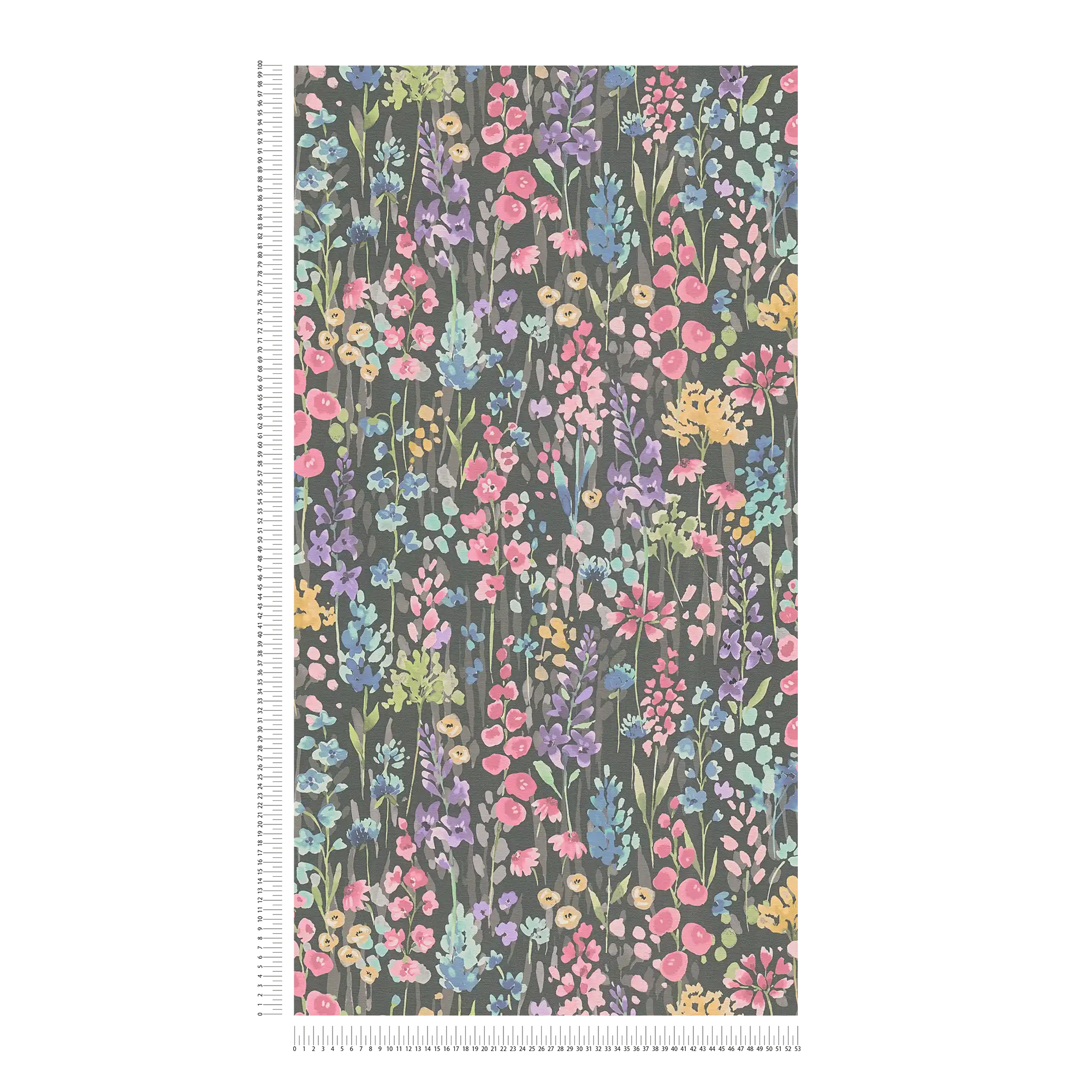             Non-woven wallpaper colourful flower meadow in watercolour look - colourful, black, pink
        