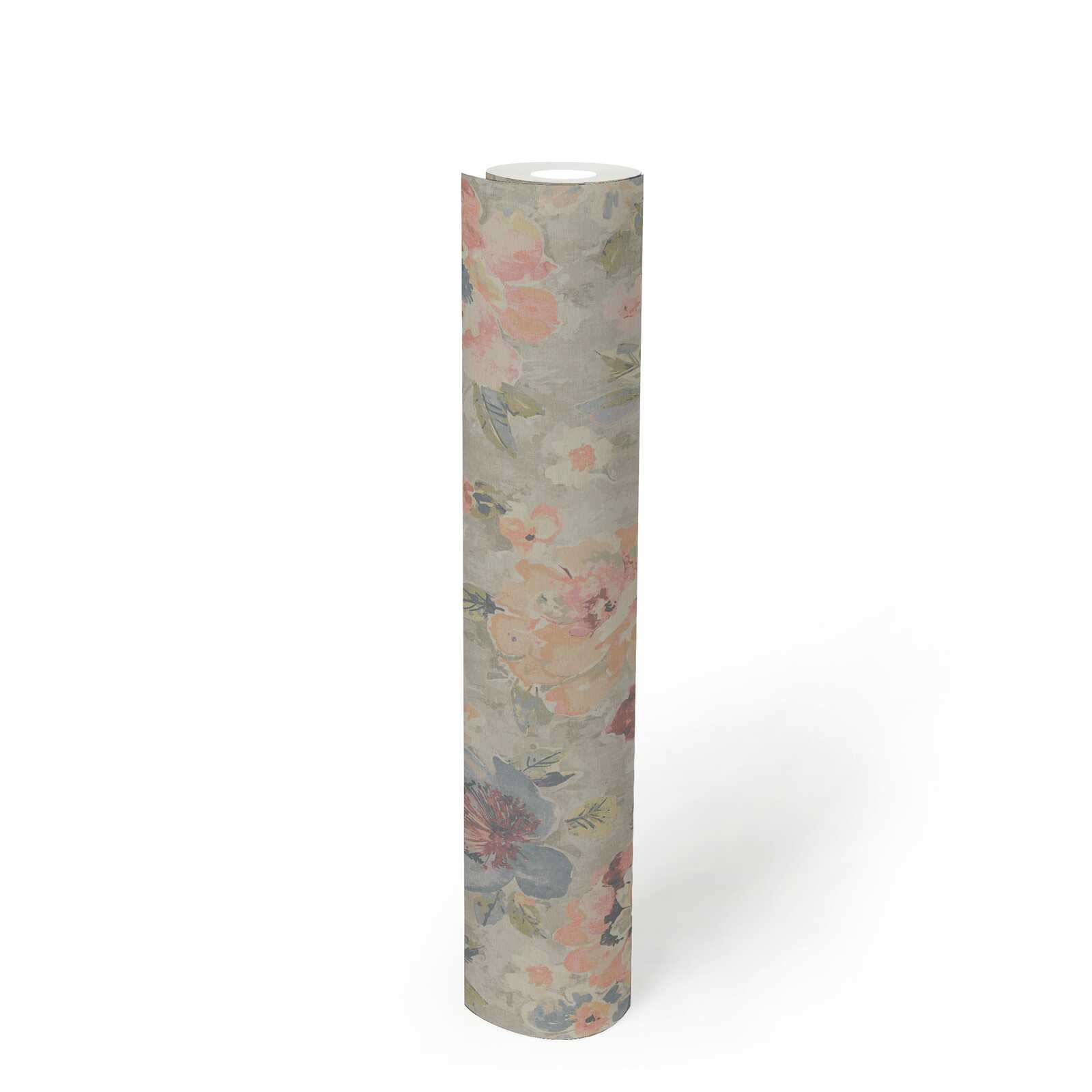             Non-woven floral wallpaper in watercolour and vintage look - colourful, grey, pink
        