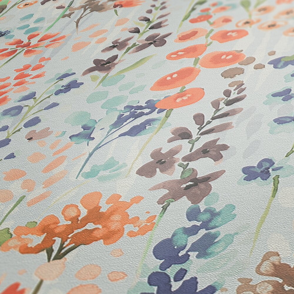             Colourful flower meadow wallpaper in watercolour look - colourful, light grey, orange
        