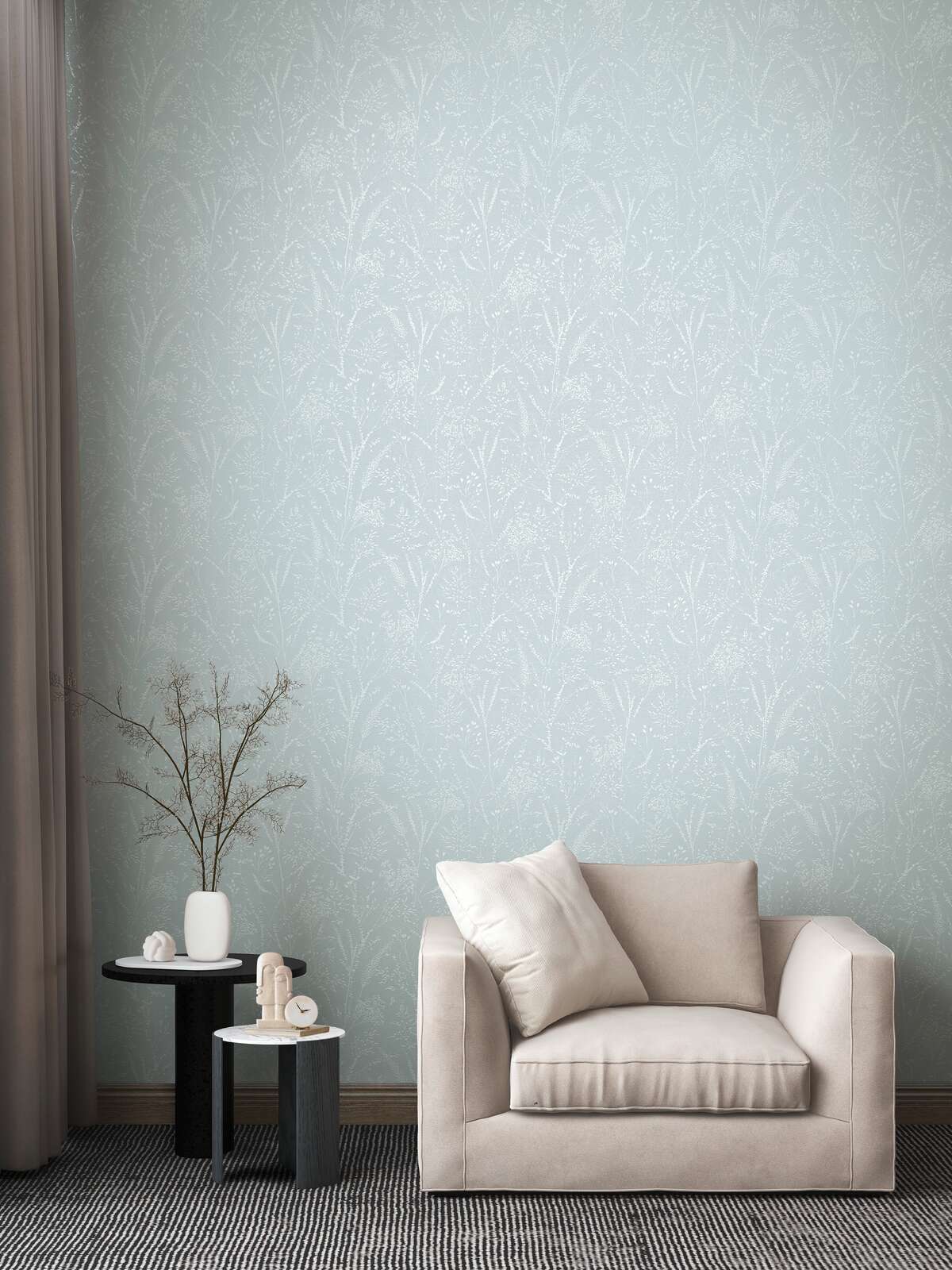             Non-woven wallpaper with glittering floral and tendril design on textile surface - light blue, white
        