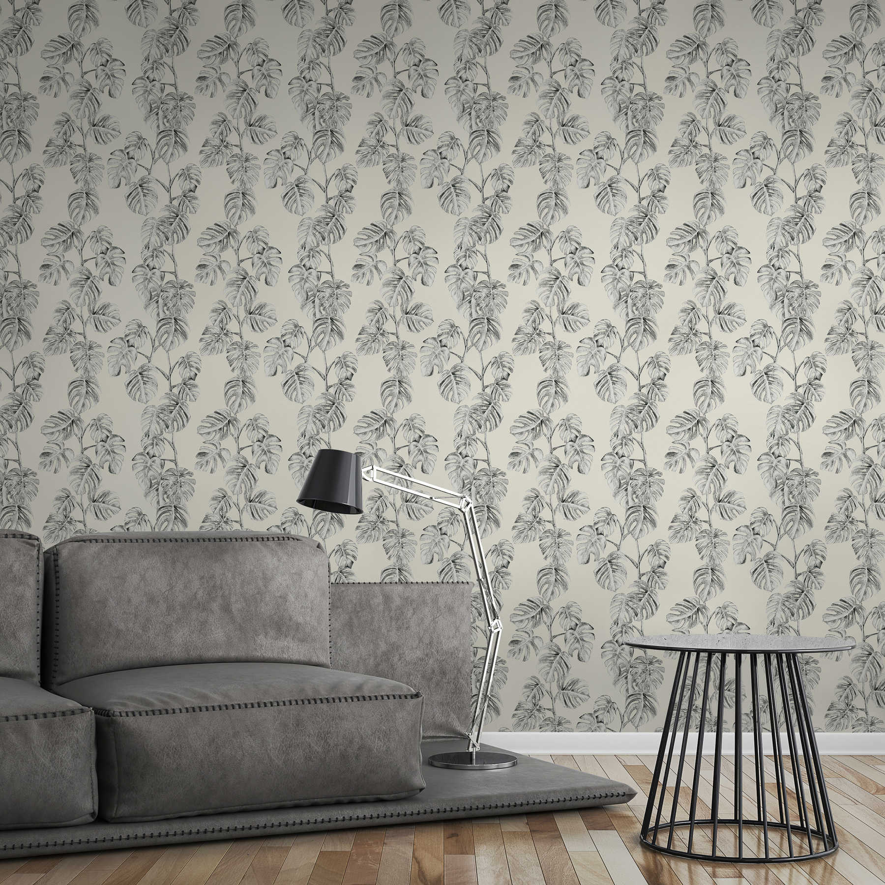             Non-woven wallpaper monstera vines, natural pattern - black, white, grey
        