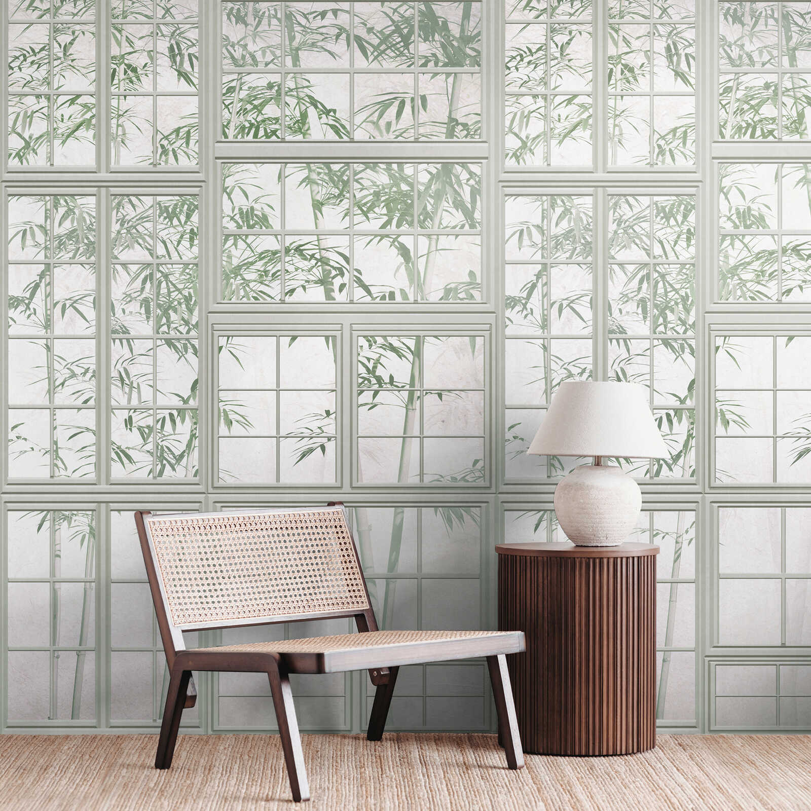             Loft panoramic window 3D non-woven wallpaper with the illusion of translucent bamboo and large-scale pattern repetition - grey, green, white
        