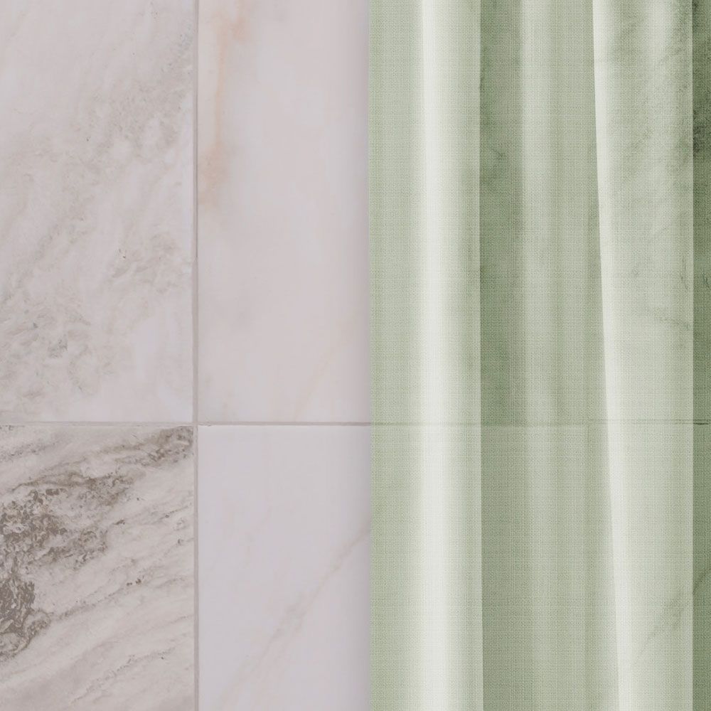             papier peint en papier panoramique »nova 2« - rideaux pastel sur mur de marbre beige - intissé premium lisse et légèrement brillant
        