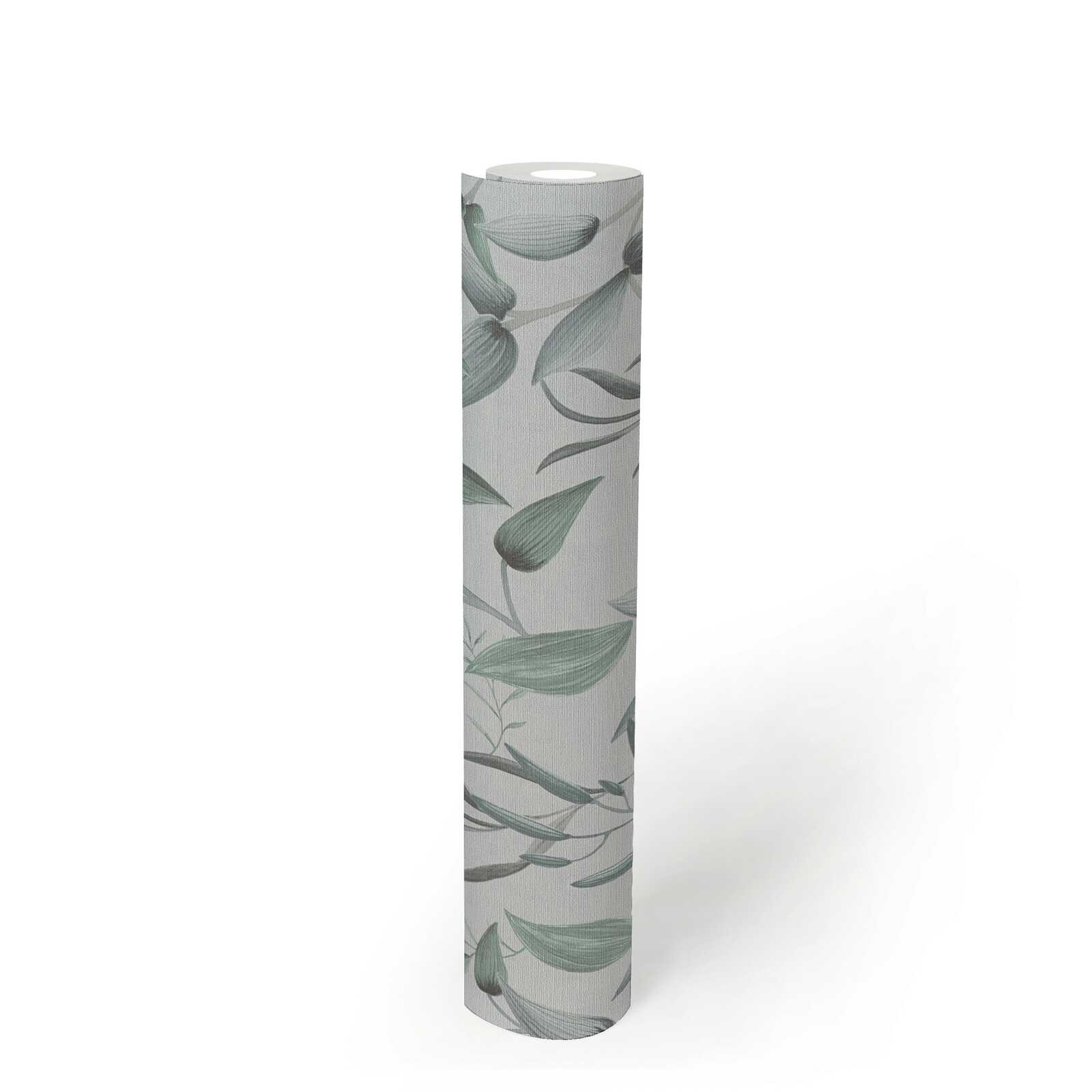             Non-woven wallpaper with soft spring tendrils - green, white, grey
        