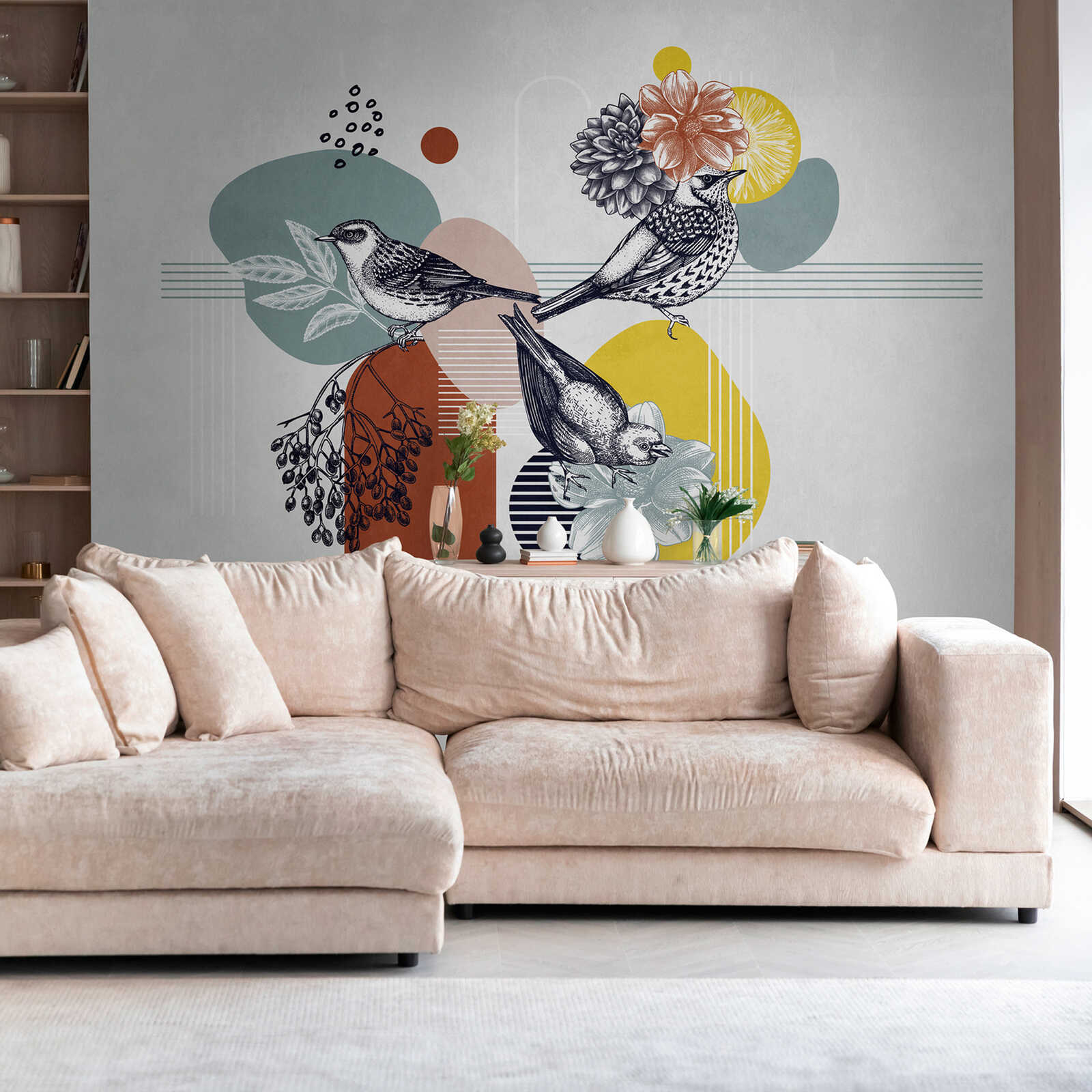 Photo wallpaper with abstract bird and flower motif on a neutral background - Colourful, grey, orange
