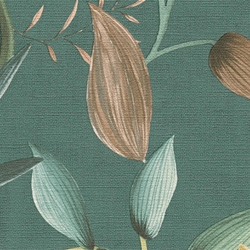             Non-woven floral wallpaper with tendril motif - green, petrol, orange
        