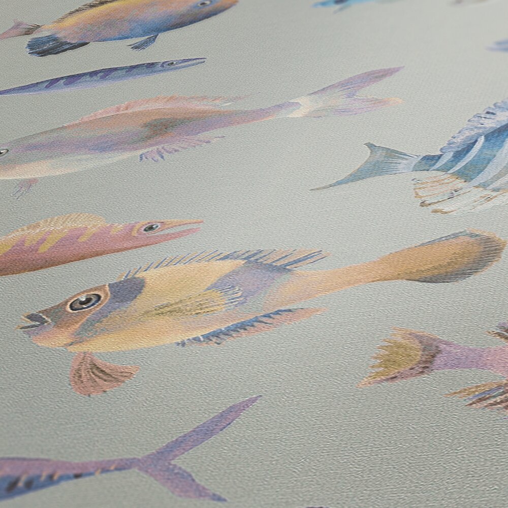             Non-woven wallpaper with sea fish in a maritime design - grey, multicoloured, purple
        