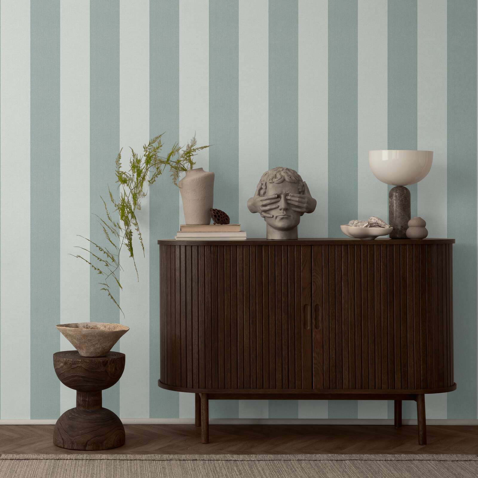             Non-woven wallpaper with stripe pattern and textile texture - green, light green
        