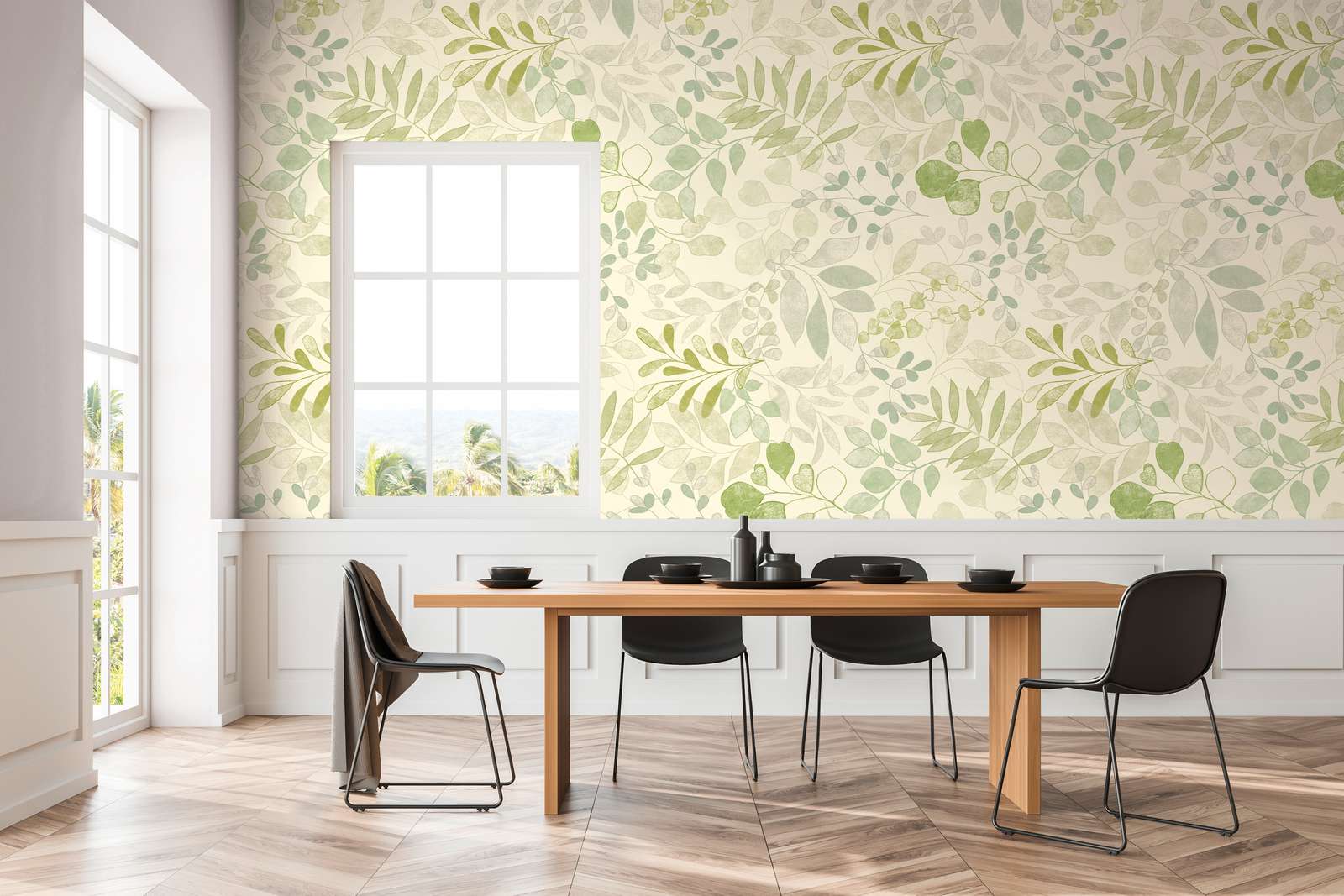             Papel pintado motivo XXL con motivos florales en acuarela - crema, verde
        