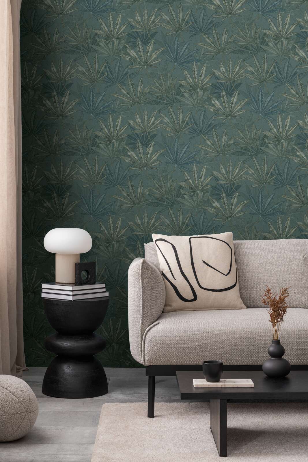             Non-woven wallpaper with palm leaves in a patterned look - grey, green, blue
        