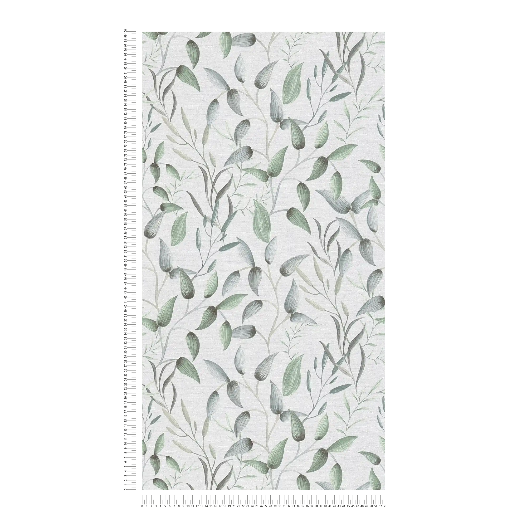             Non-woven wallpaper with soft spring tendrils - green, white, grey
        