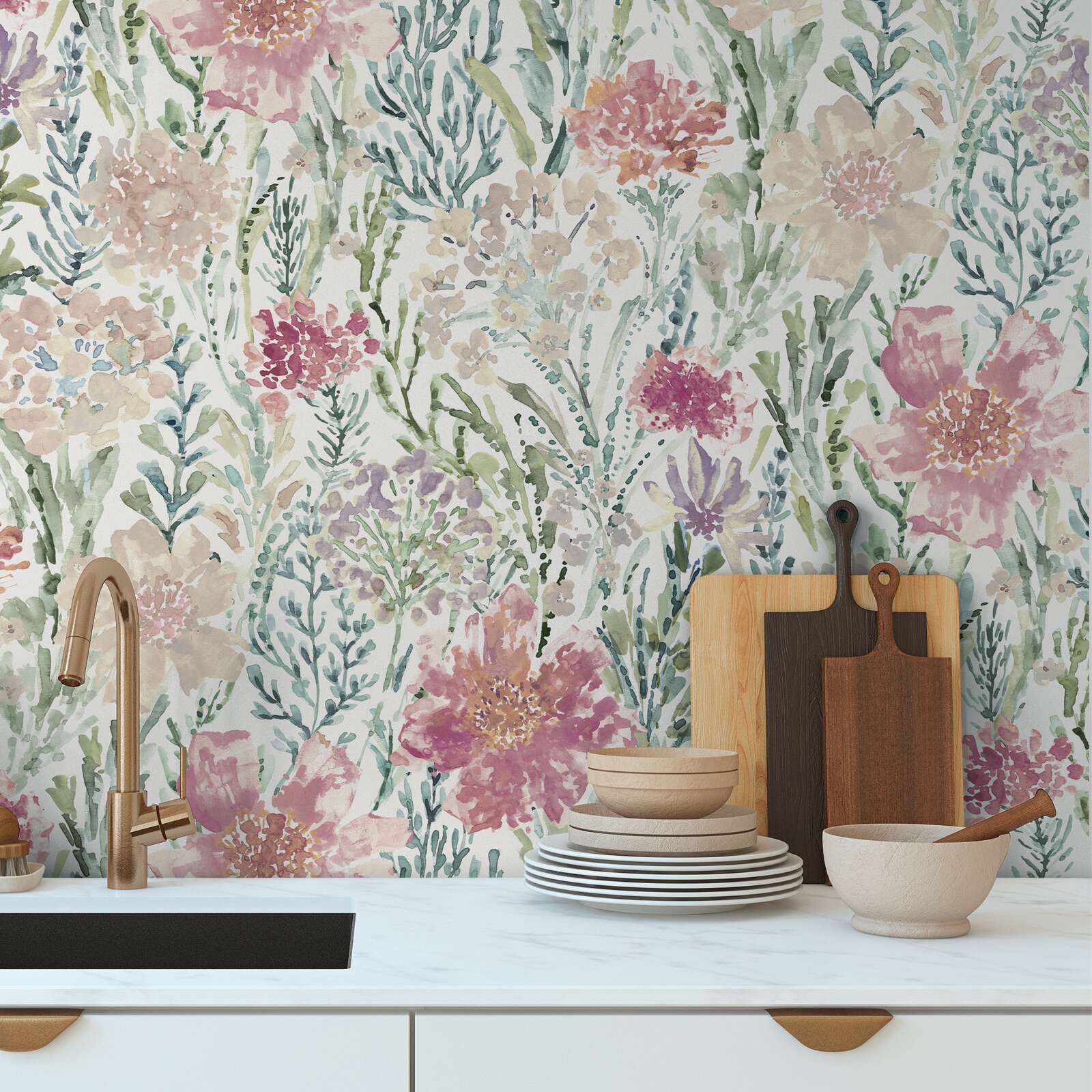             Non-woven wallpaper flower meadow in watercolour look - white, colourful, pink
        