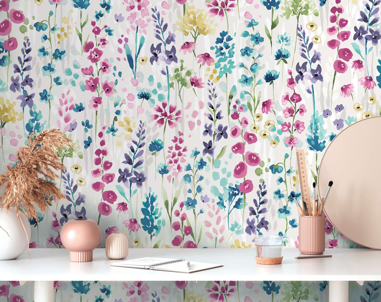             Colourful flower meadow wallpaper in watercolour design - colourful, white, pink
        