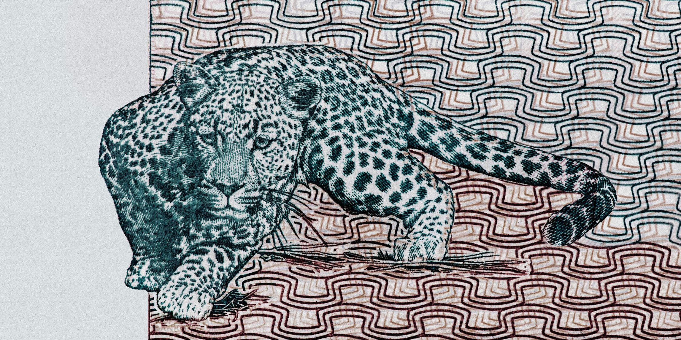             Fotomurali »yugana« - Leopardo davanti a un motivo astratto - Natura qualita consistenza in carta kraft | Materiali non tessuto liscio, leggermente perlato e scintillante
        