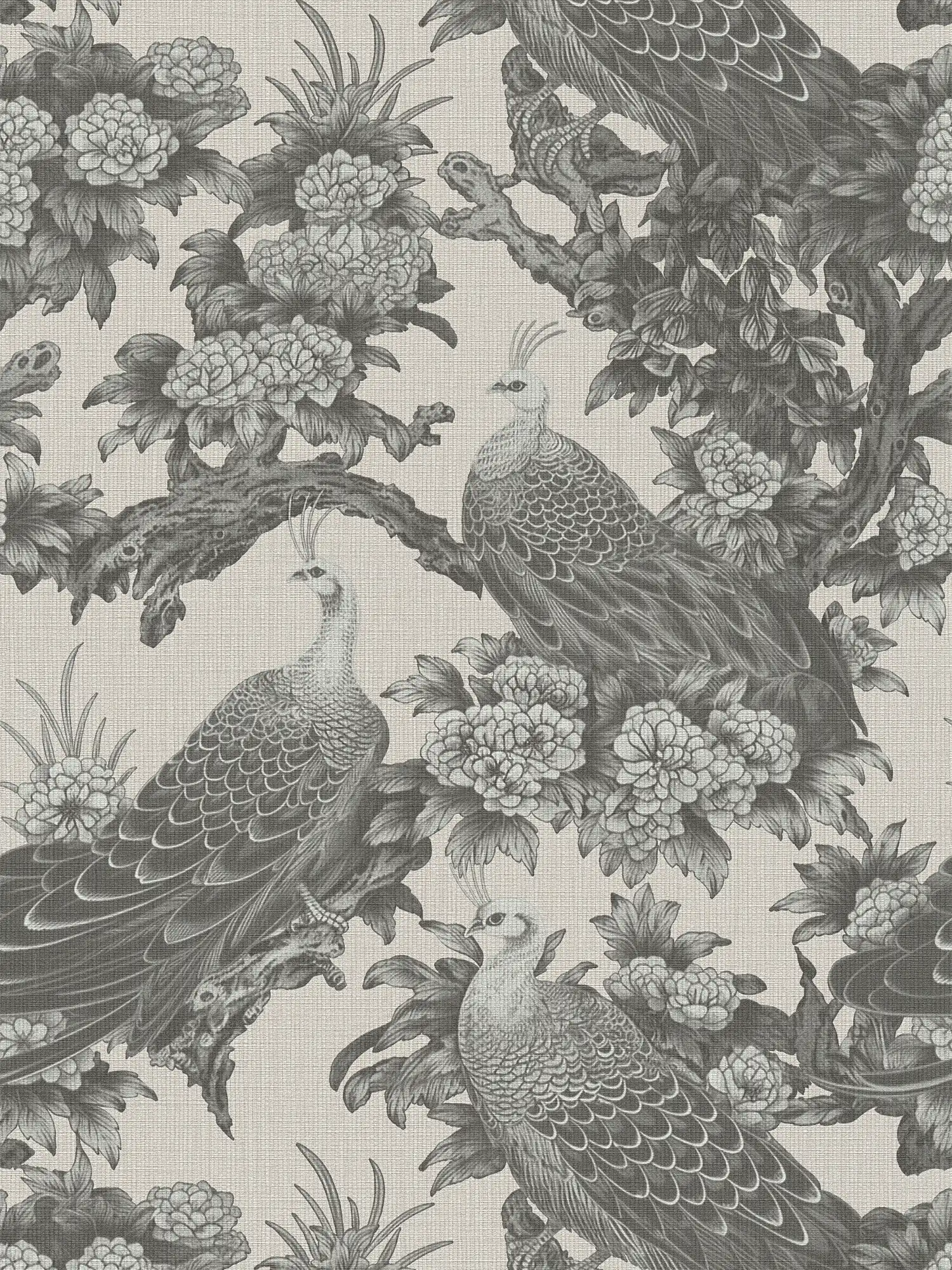 English country style floral pattern with birds as non-woven wallpaper - grey, beige
