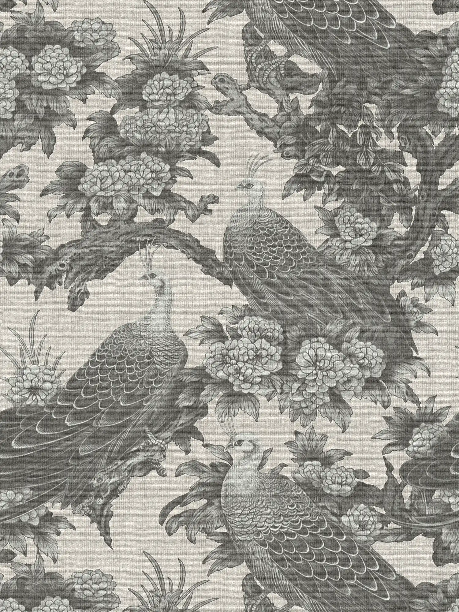 Motif floral de style cottage anglais avec des oiseaux comme papier peint intissé - gris, beige
