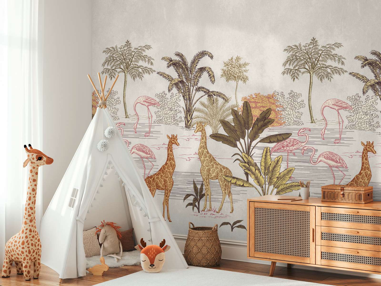             papier peint en papier intissé exotique pour chambre d'enfant avec animaux de safari et une répétition de motifs à grande échelle - crème, beige, marron
        